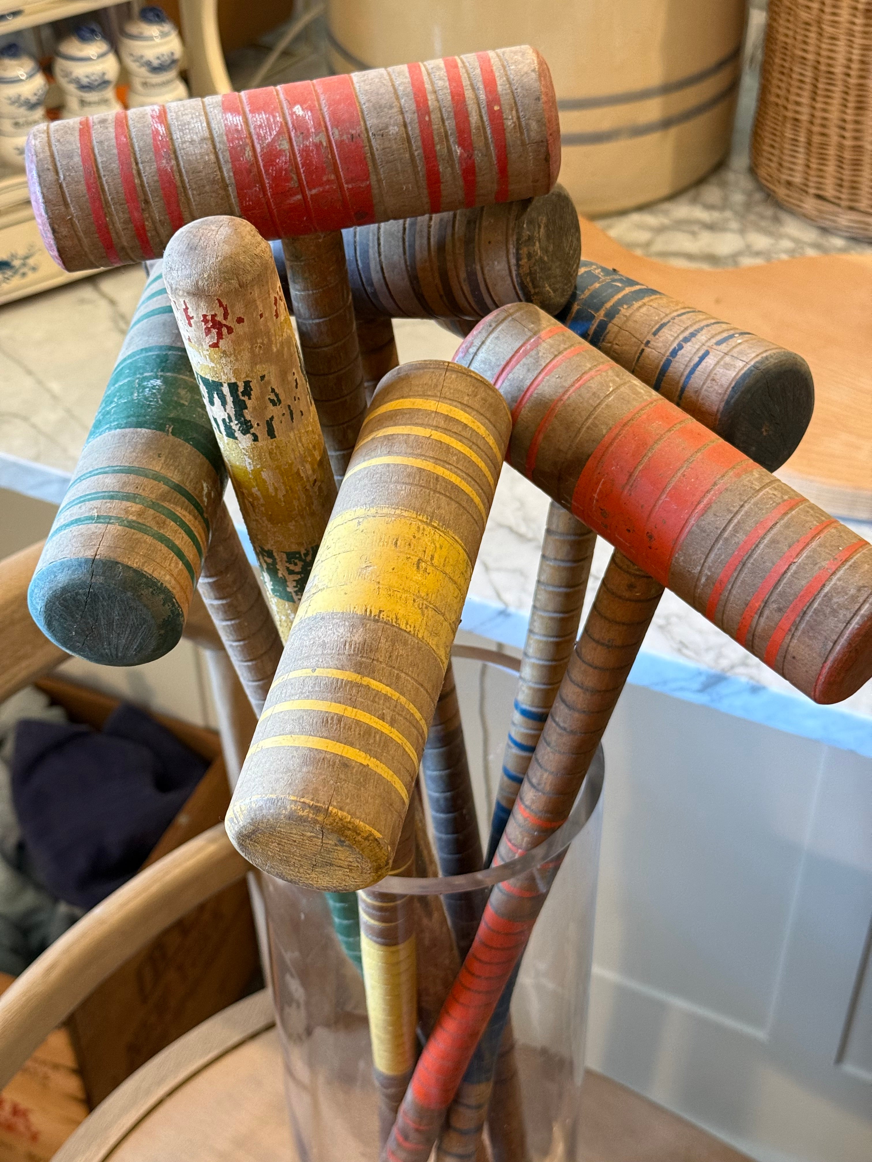 Vintage Wooden Croquet Set with Rolling Wire Cart