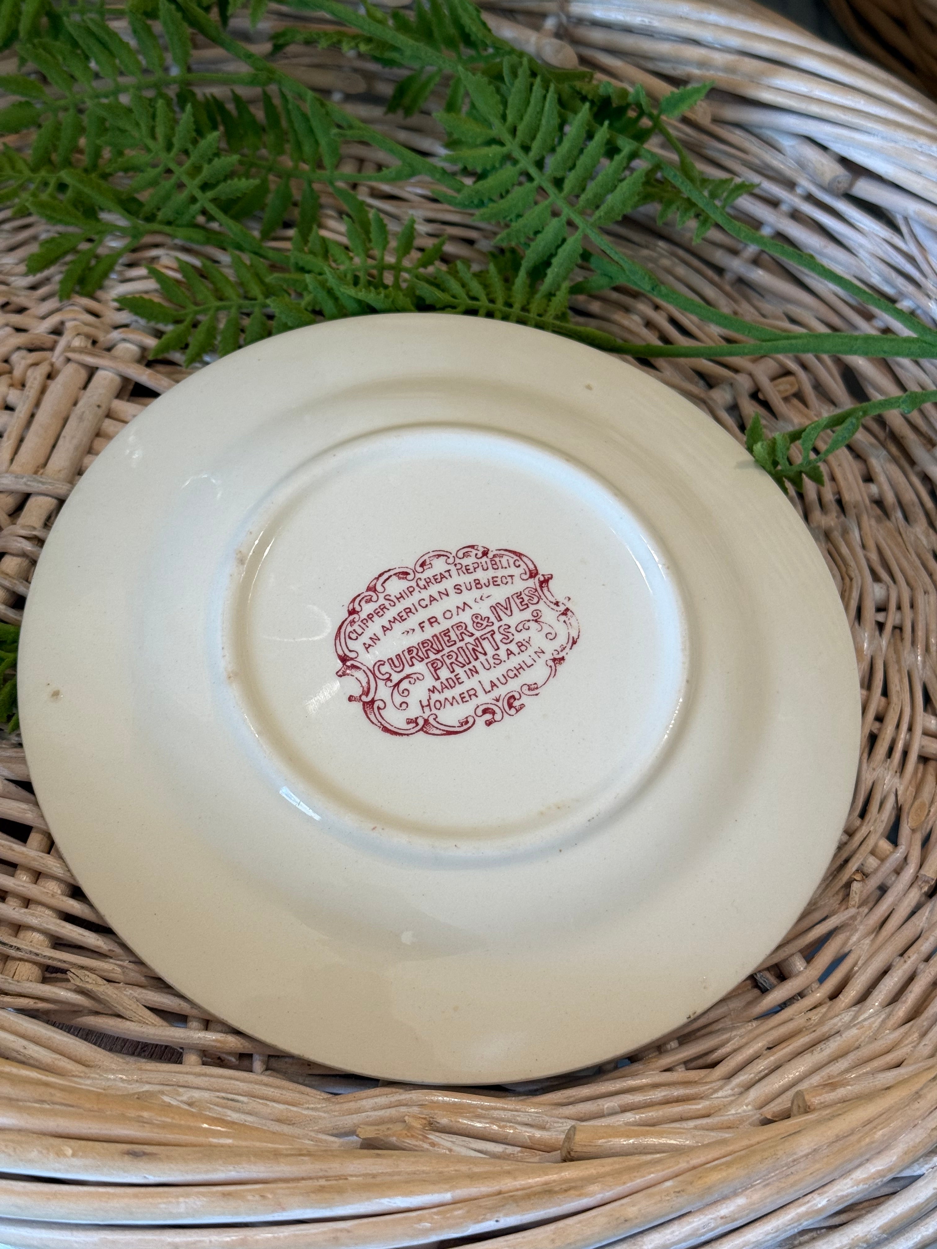 Vintage Homer Laughlin Currier & Ives Clipper Red Transferware Plate
