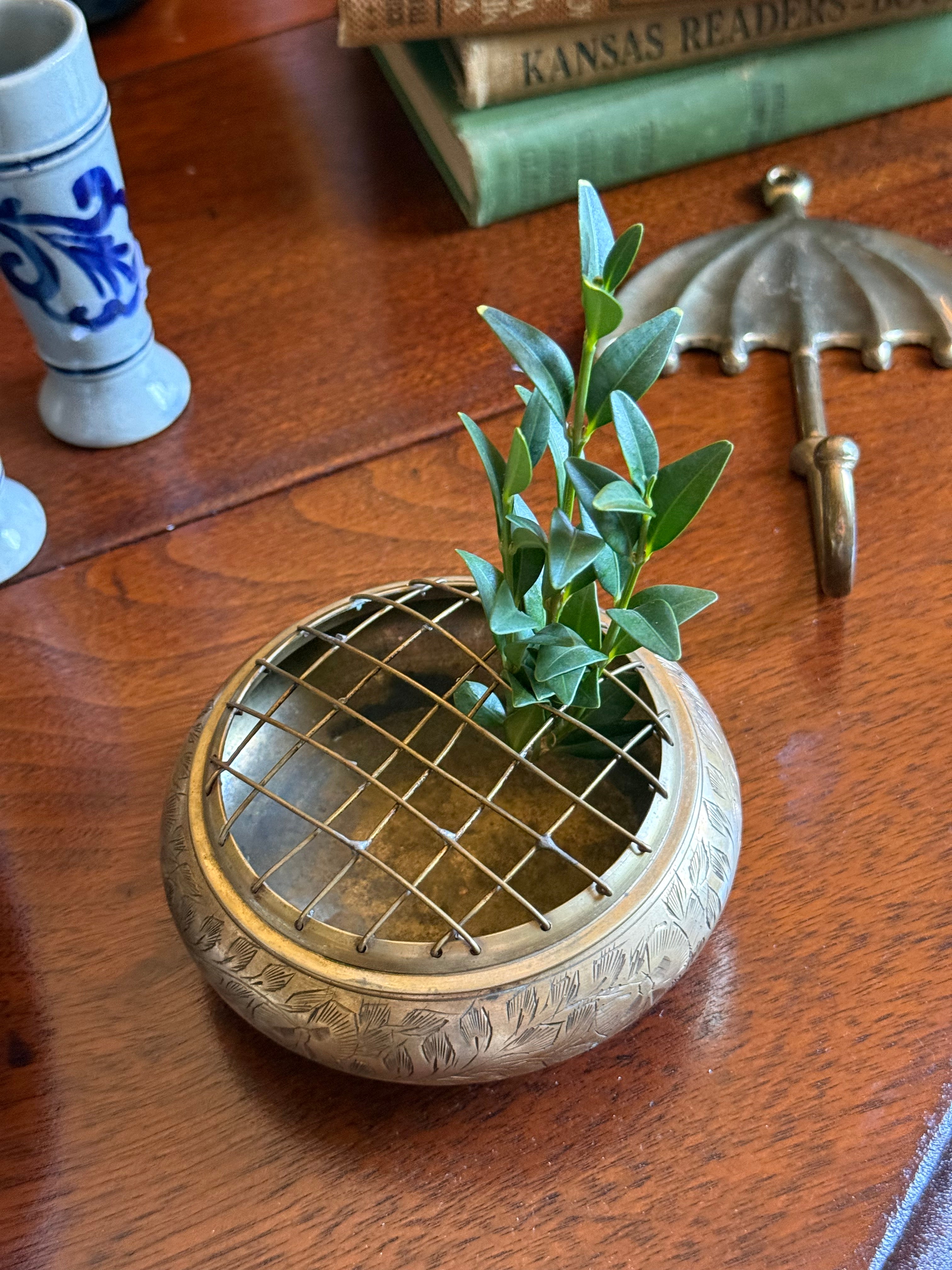 Vintage Etched Brass Floral Frog Vessel