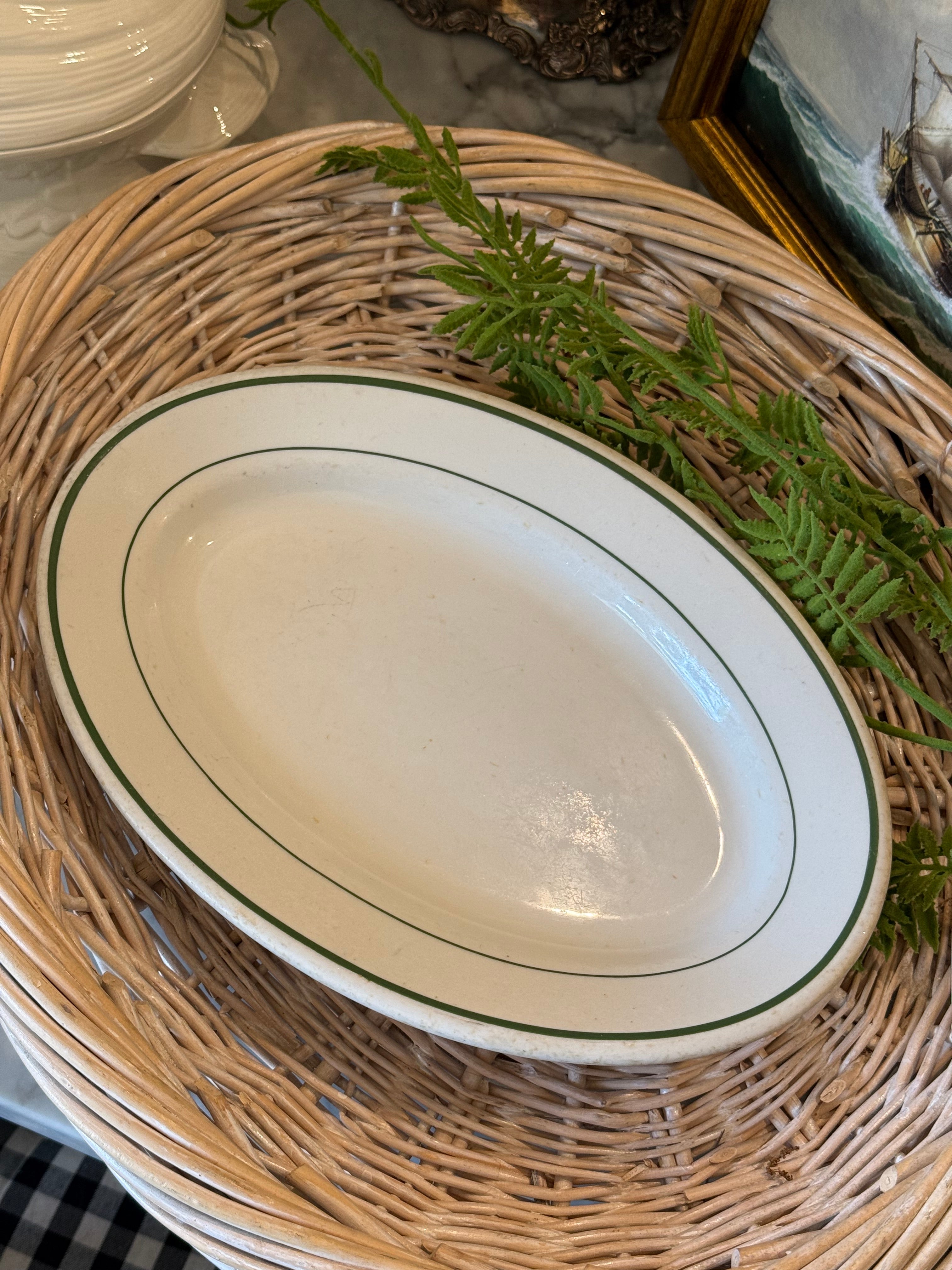 Vintage Green Stripe Buffalo China Restaurantware Oval Platter