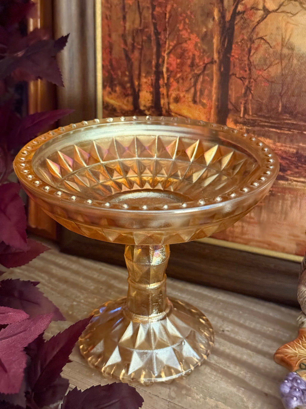 Vintage Jeannette Windsor Marigold Carnival Glass Pedestal Compote Dish