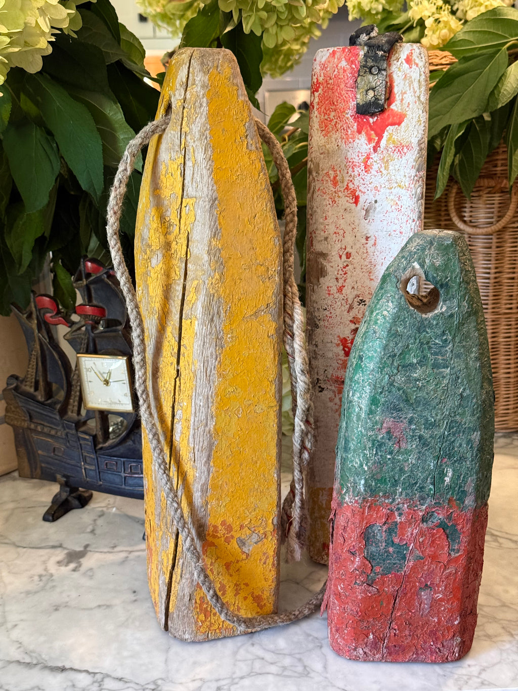 Vintage Set of 3 Wood Lobster Trap Buoy Floats - East Coast USA Nautical Decor