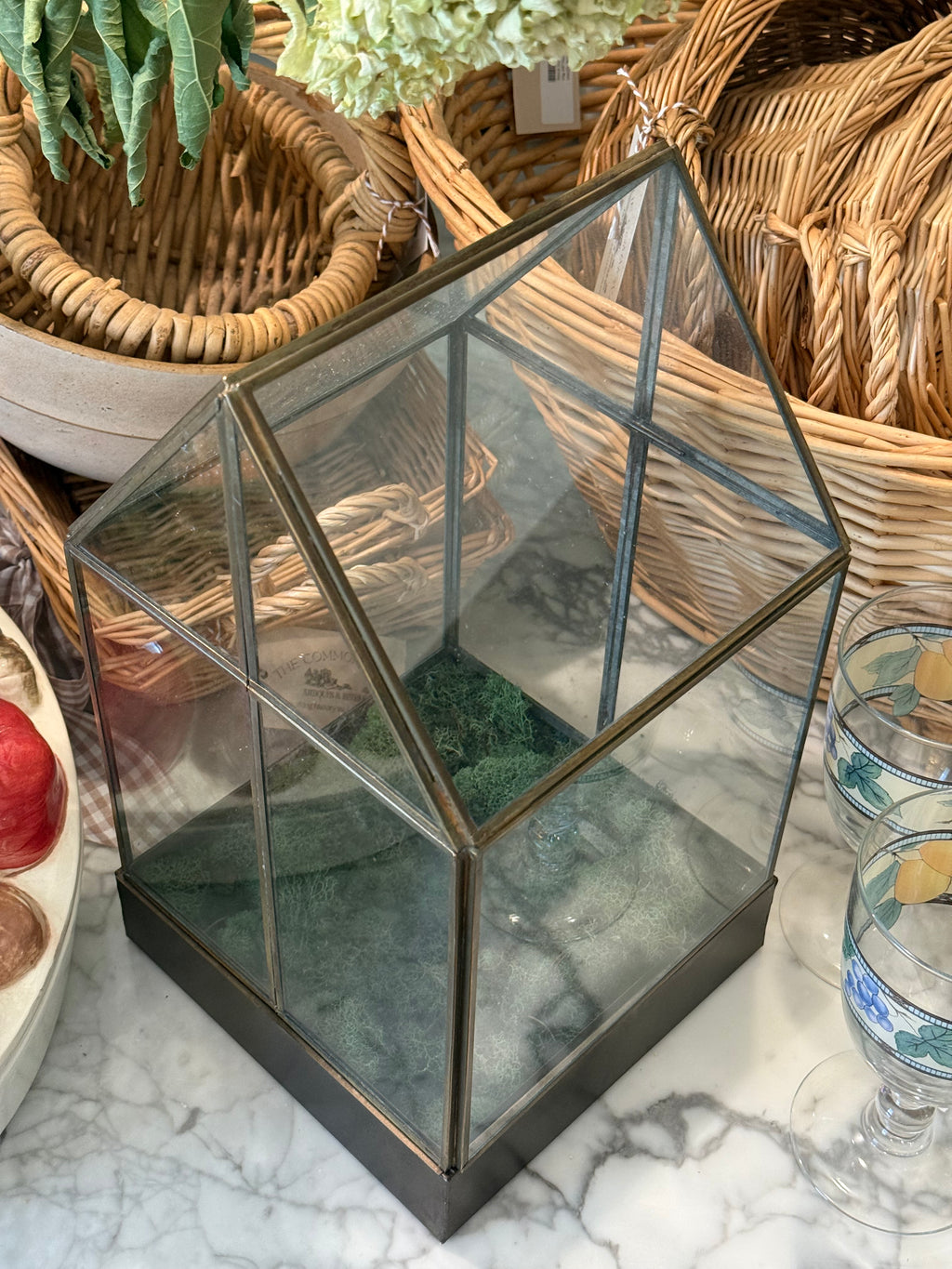 Brass Table Terrarium with Leaded Glass Gable Roof Planter