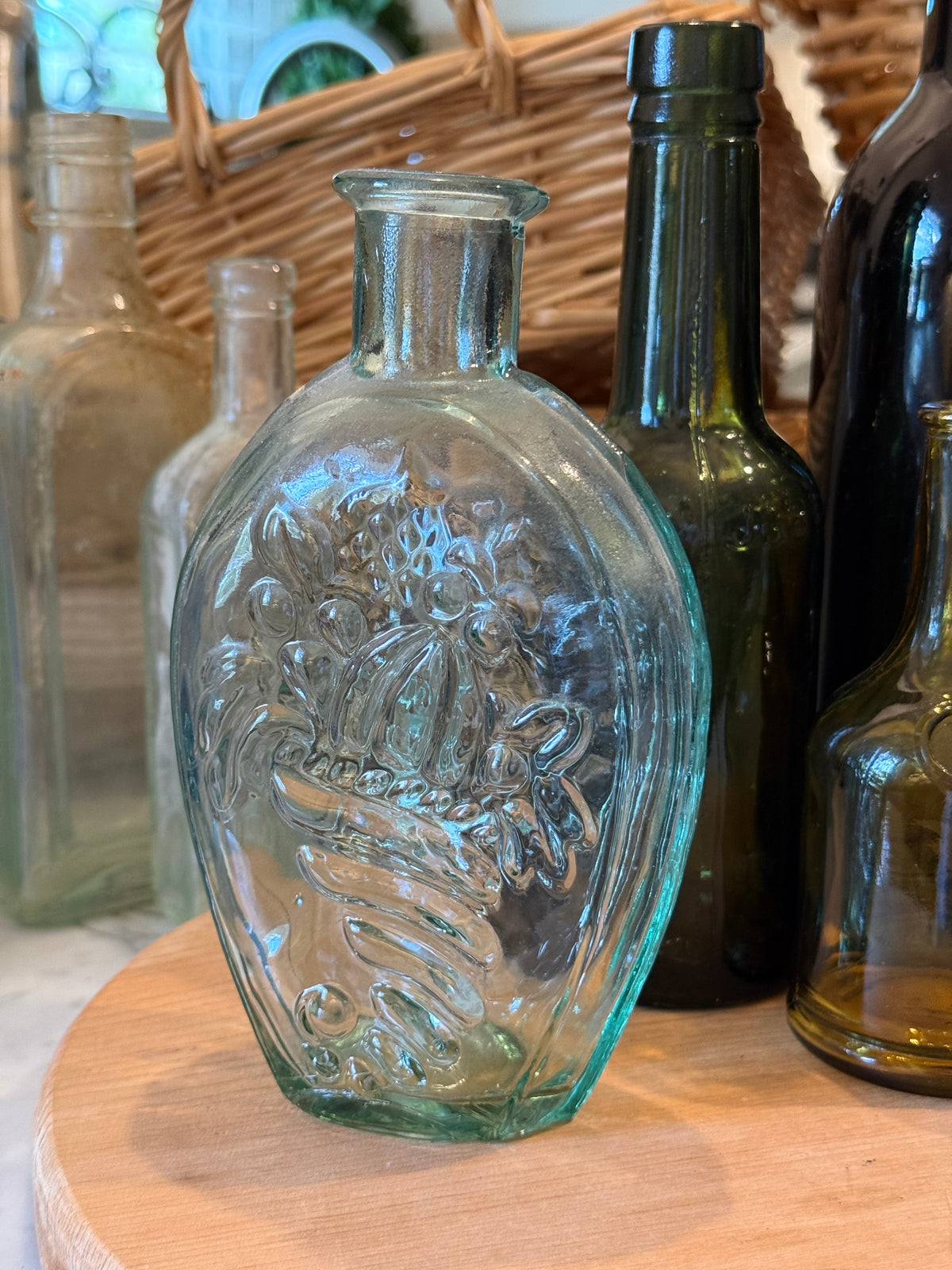 Vintage Aqua Eagle & Cornucopia Glass Flask