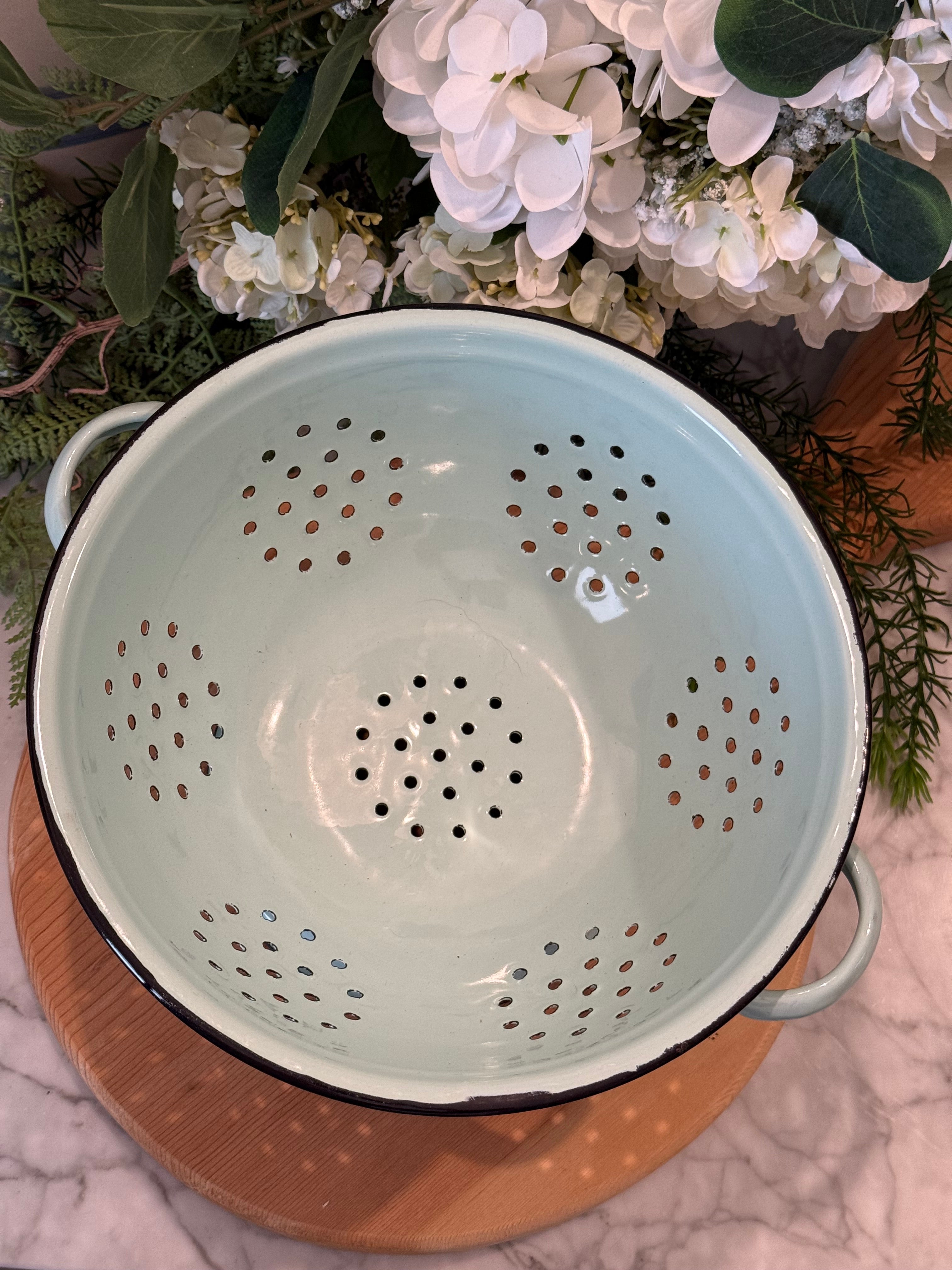 Vintage Pale Blue Teal Enamelware Pedestal Colander Strainer