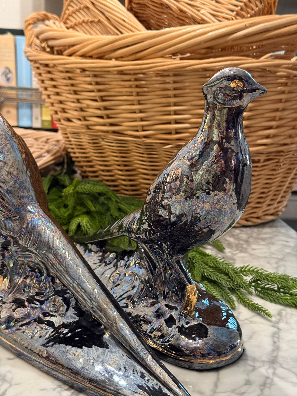 Sculpted Mercury Gray Pheasant Pair