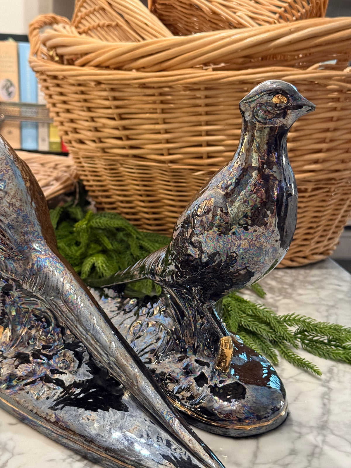 Sculpted Mercury Gray Pheasant Pair