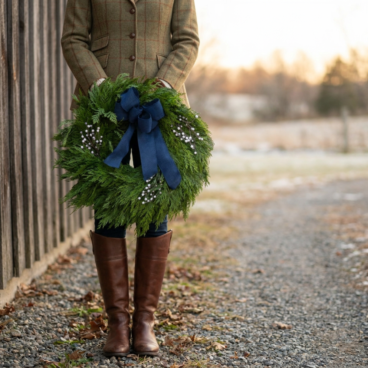 Fresh Wispy Cedar & Ribbon Wreath