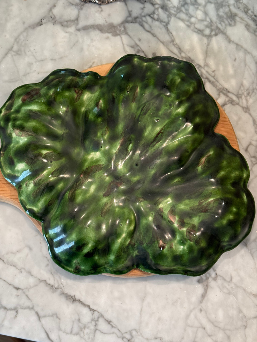 Vintage Green Majolica Style Cabbage Platter Serving Plate (Well Loved)