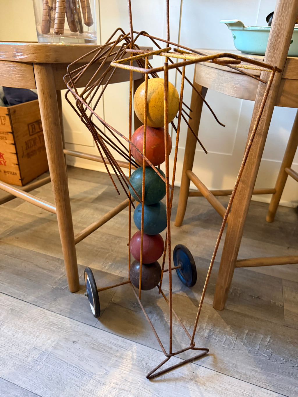 Vintage Wooden Croquet Set with Rolling Wire Cart