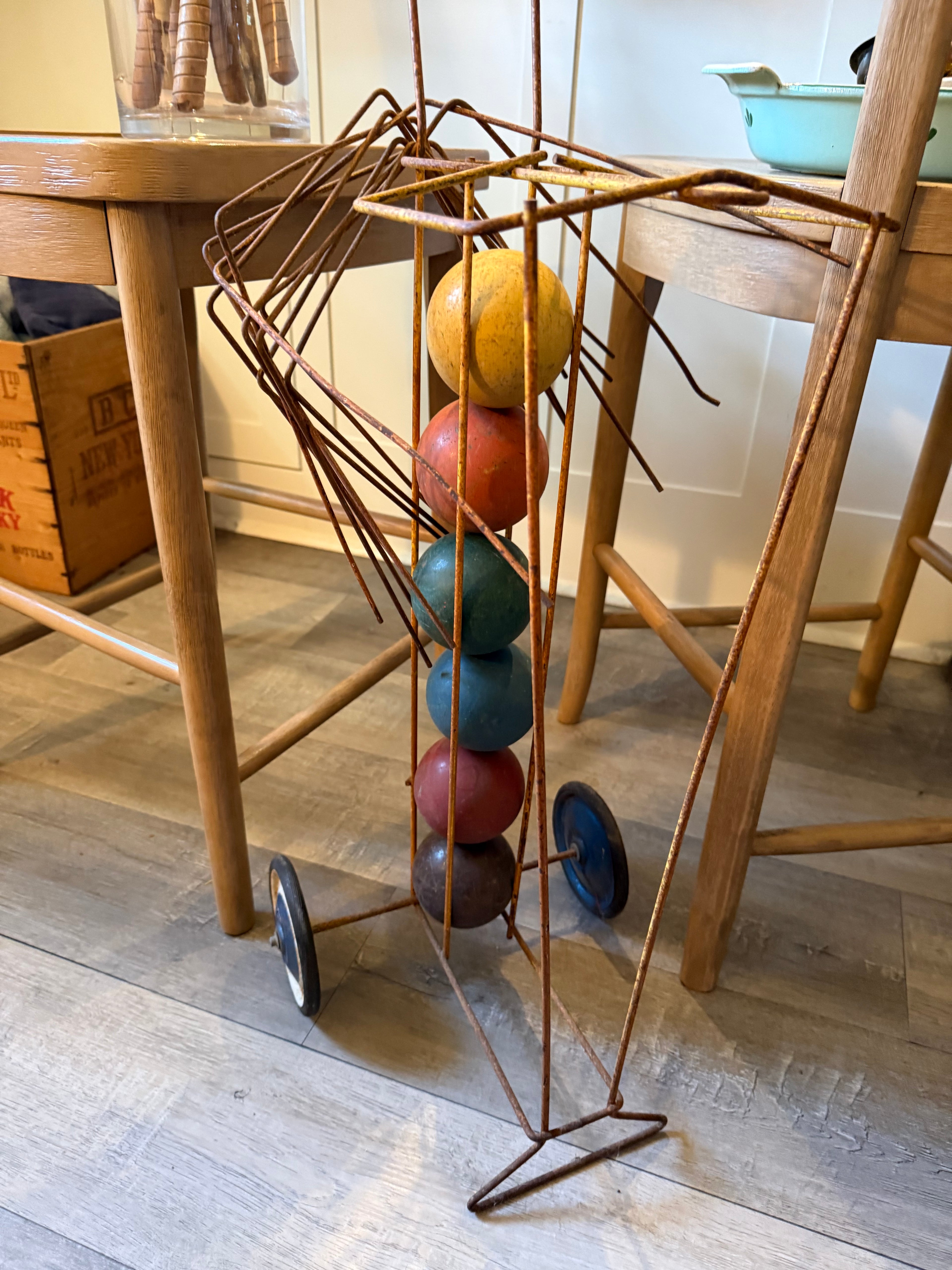 Vintage Wooden Croquet Set with Rolling Wire Cart