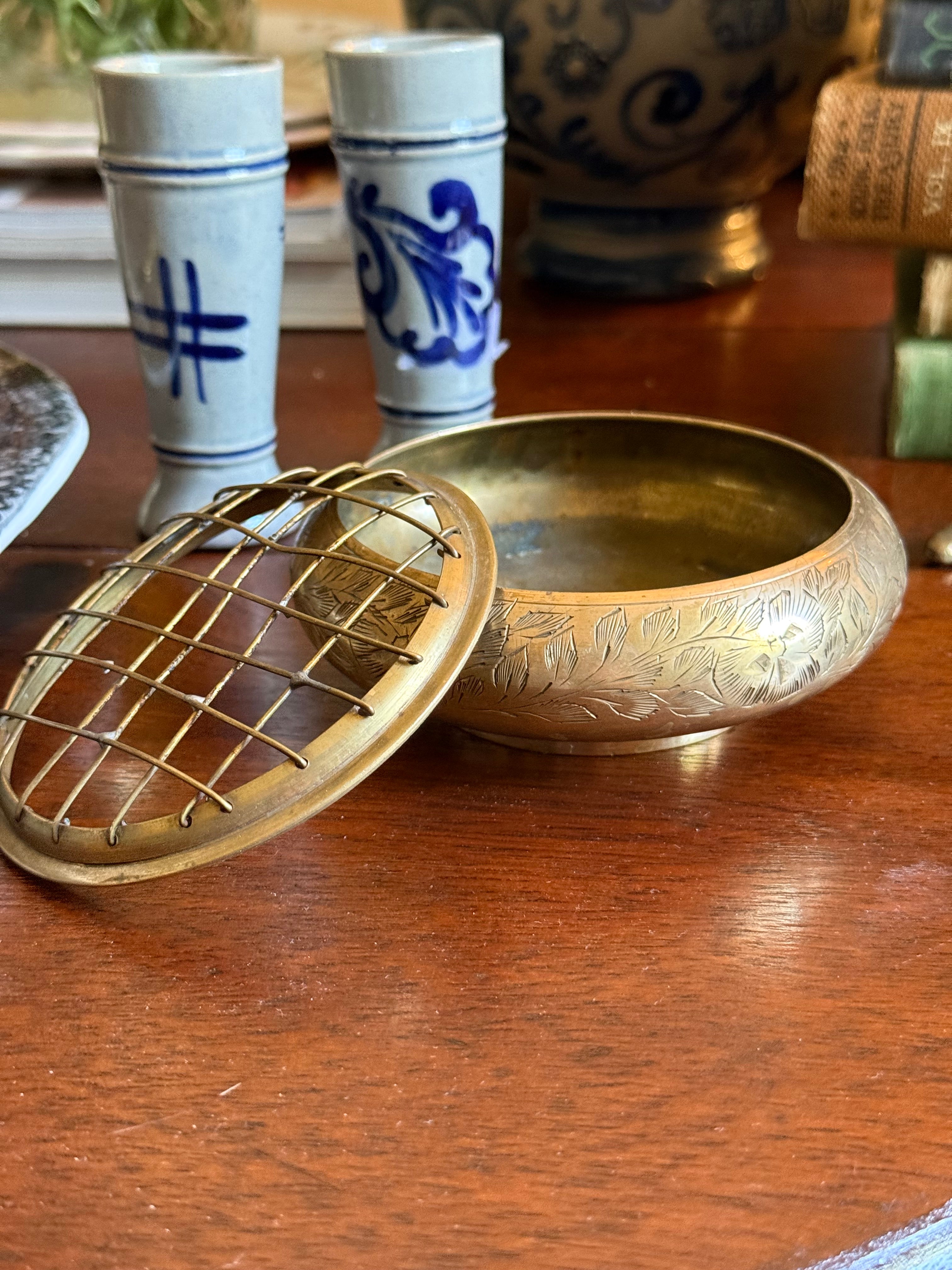 Vintage Etched Brass Floral Frog Vessel