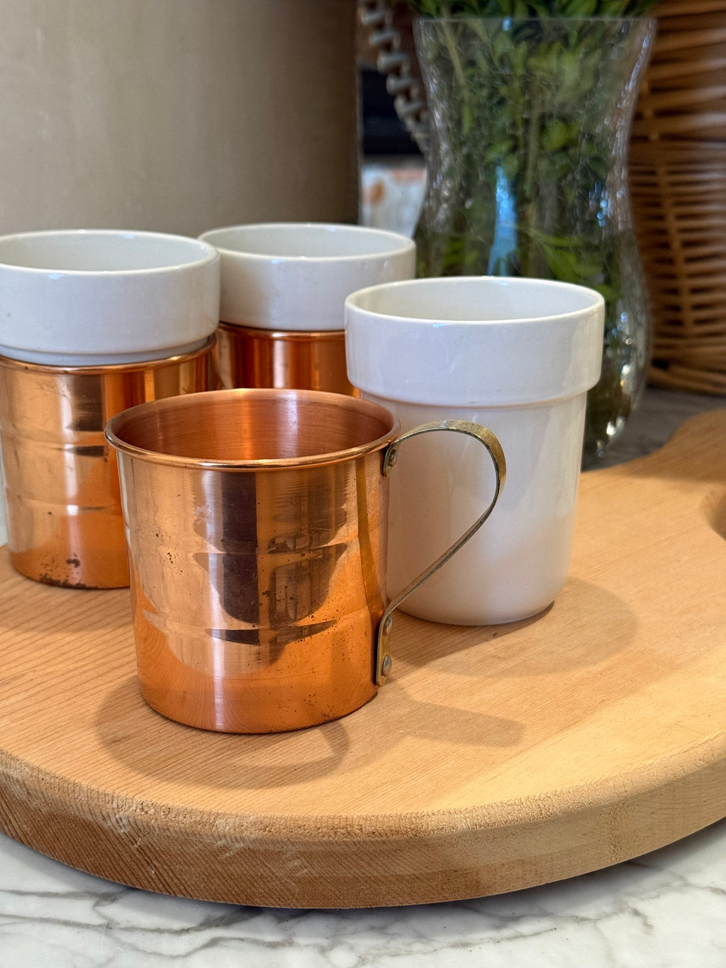 Vintage Copper Insulated Porcelain Mugs, Set of 4
