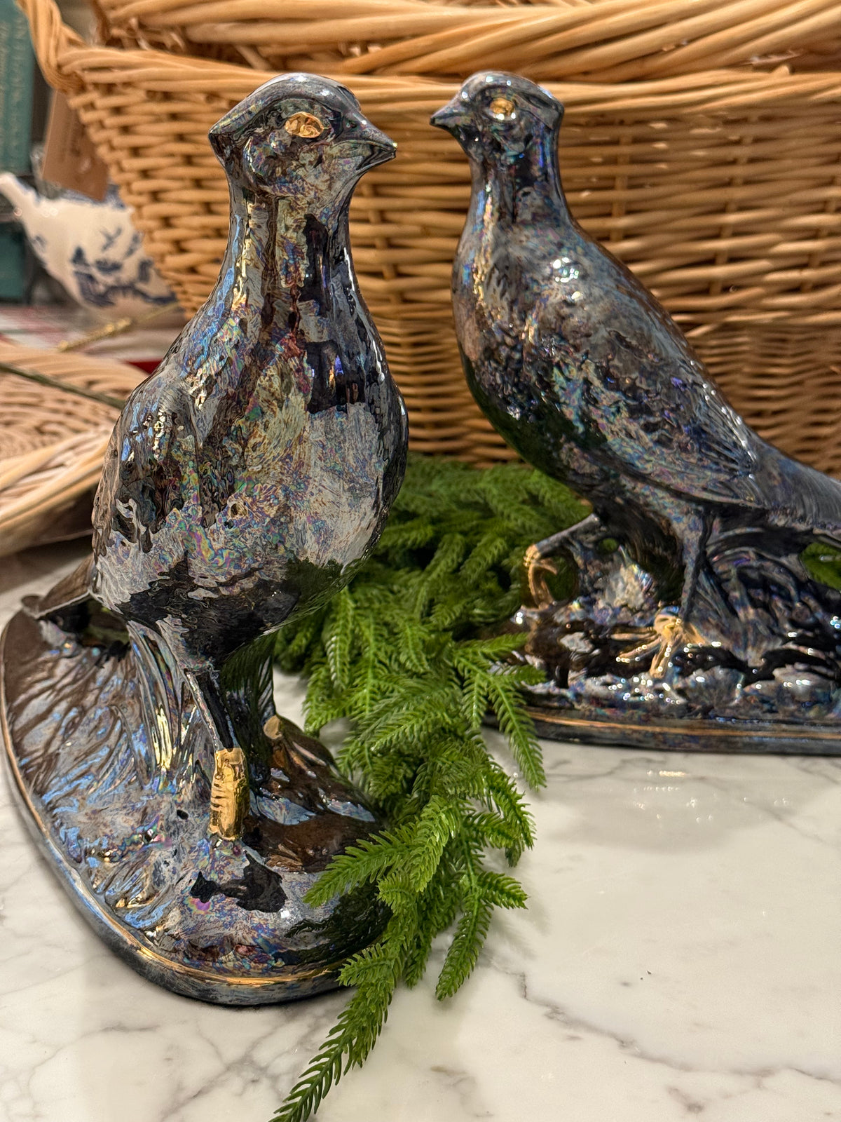 Sculpted Mercury Gray Pheasant Pair