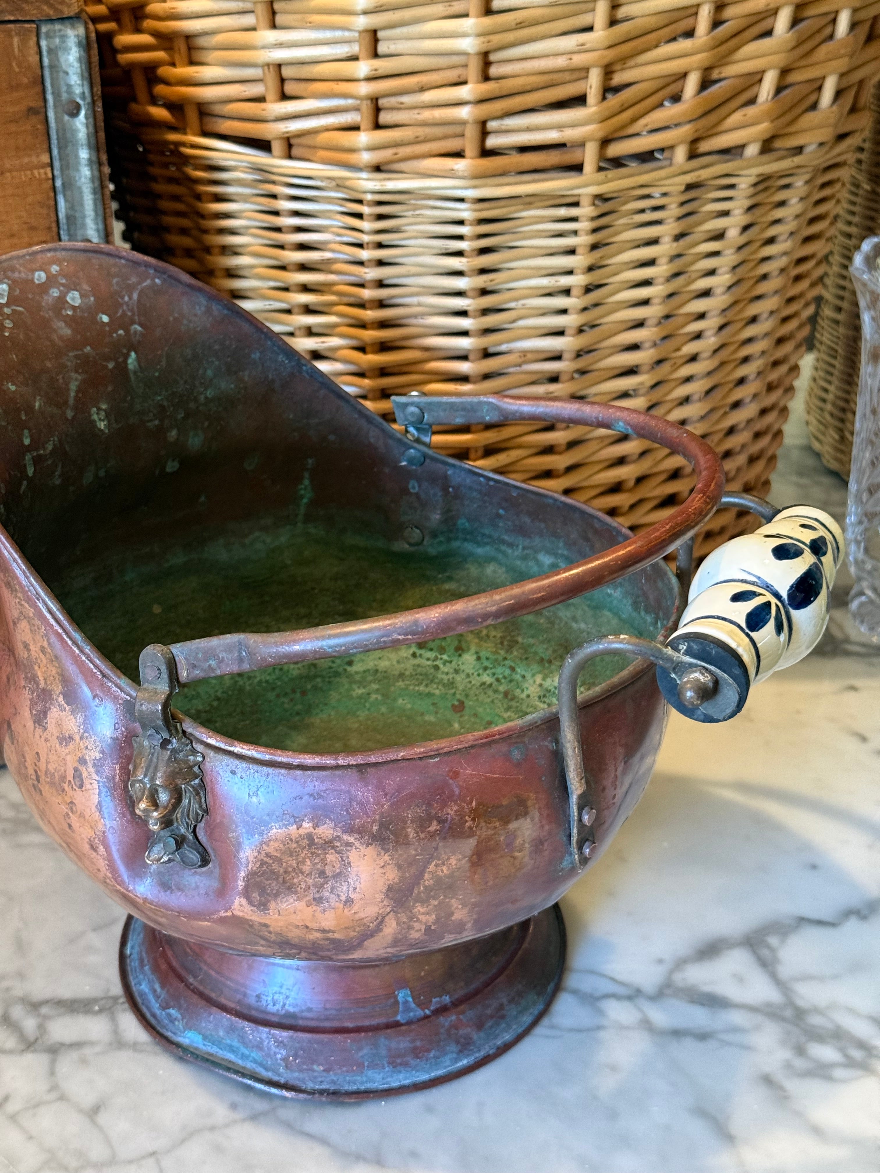 Small Vintage Copper Coal Scuttle Bucket with Delft-Style Handles