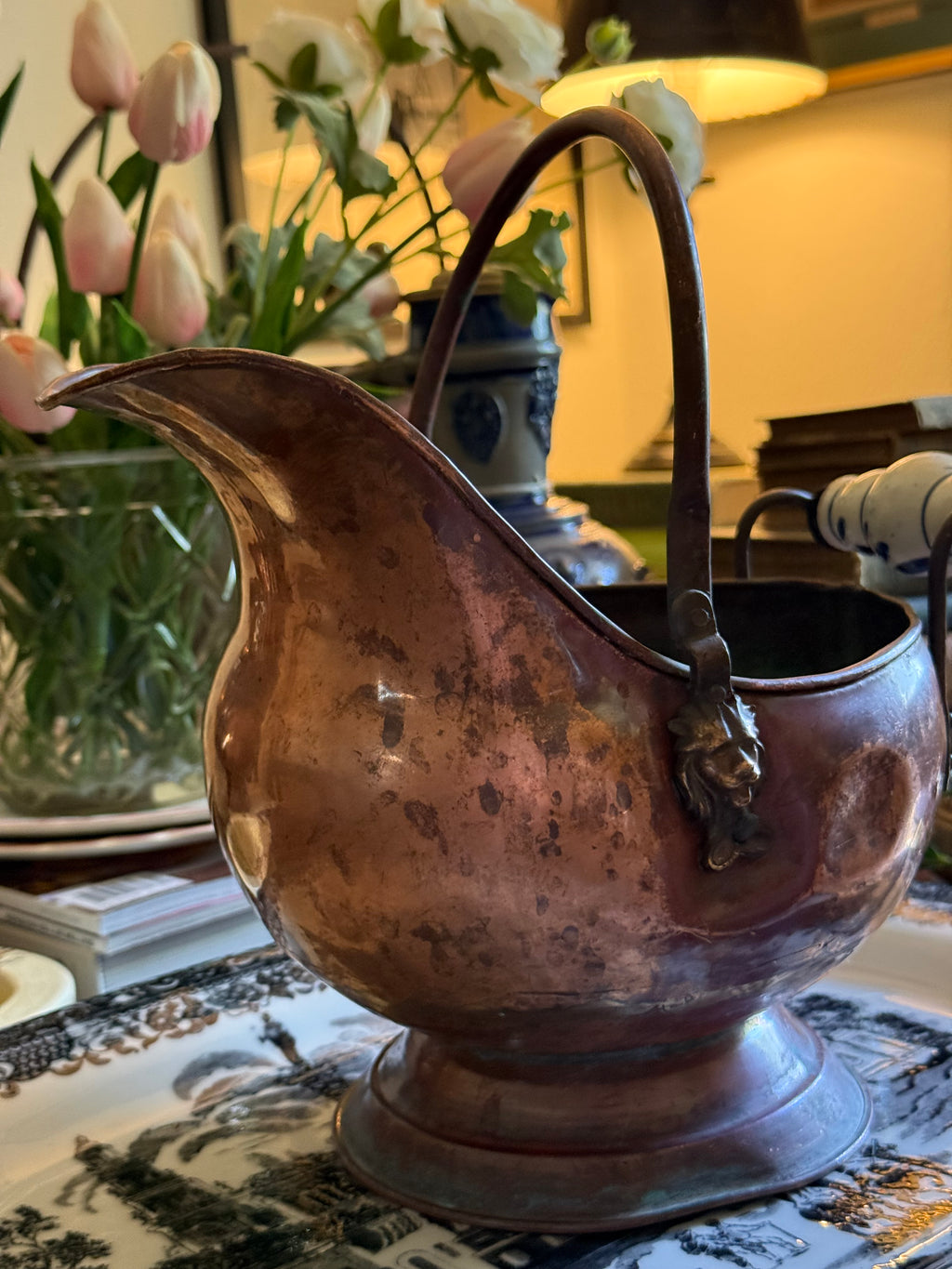 Small Vintage Copper Coal Scuttle Bucket with Delft-Style Handles
