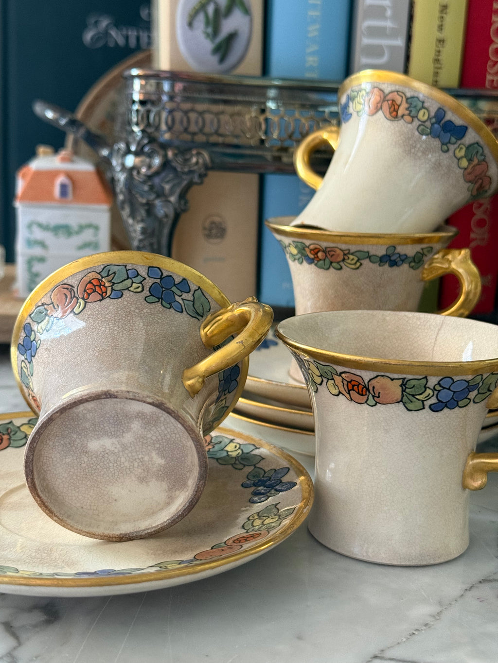 Antique Chinoiserie Ironstone Teacups & Saucers, Set of 4