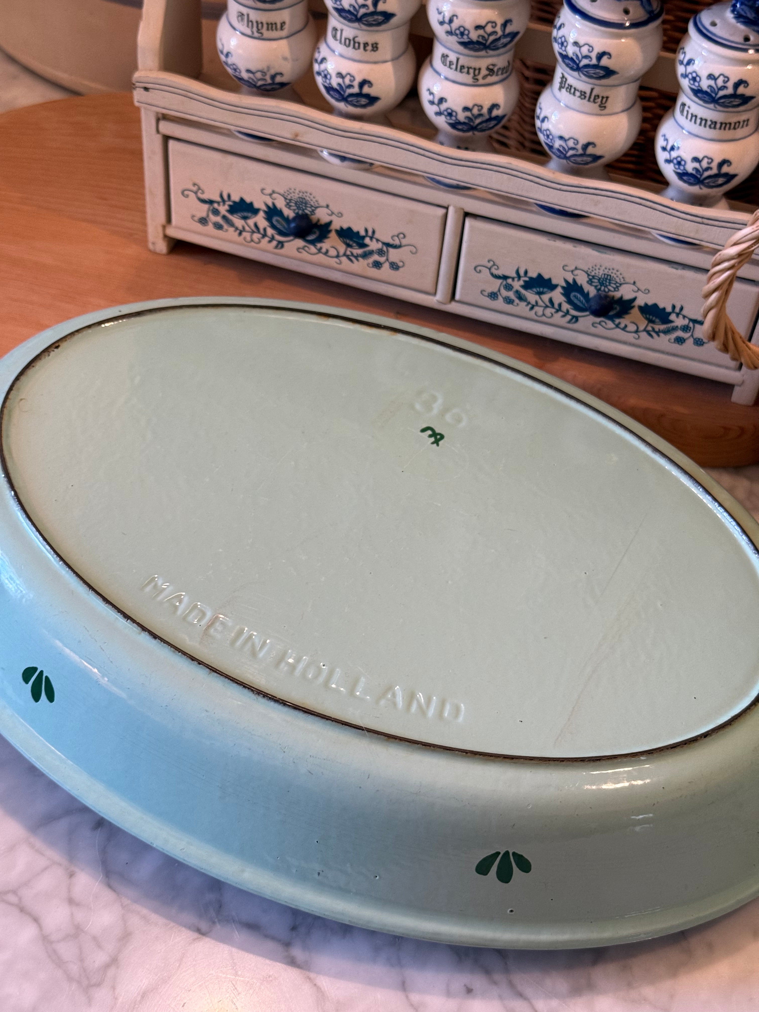 Vintage Teal Holland Enameled Cast Iron Casserole Dish