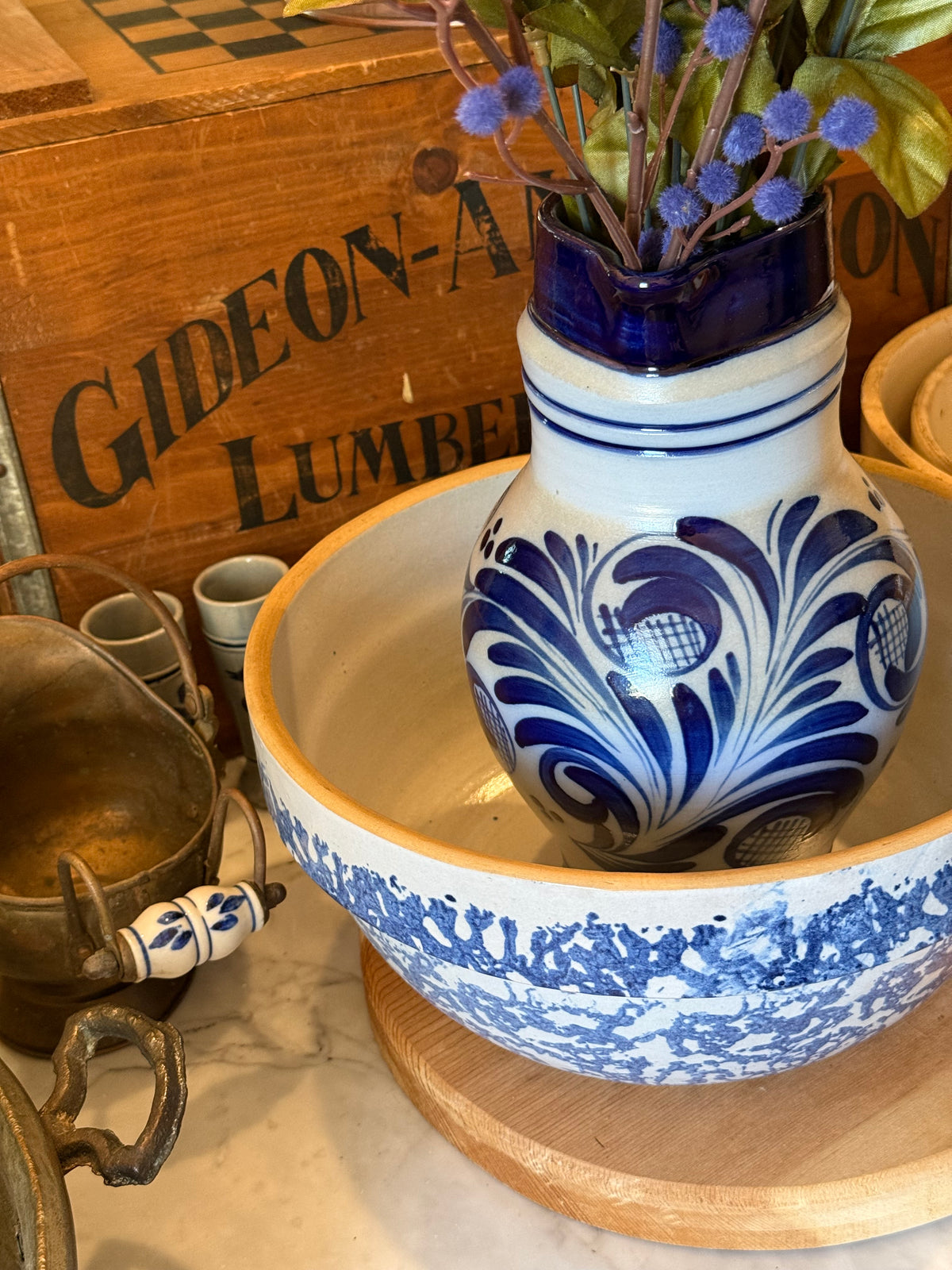 Antique Blue Spongeware Crock Shoulder Bowl - 10.75"