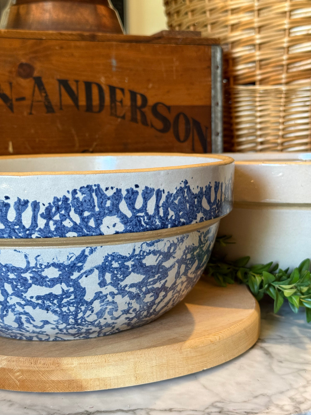 Antique Blue Spongeware Crock Shoulder Bowl - 10.75"