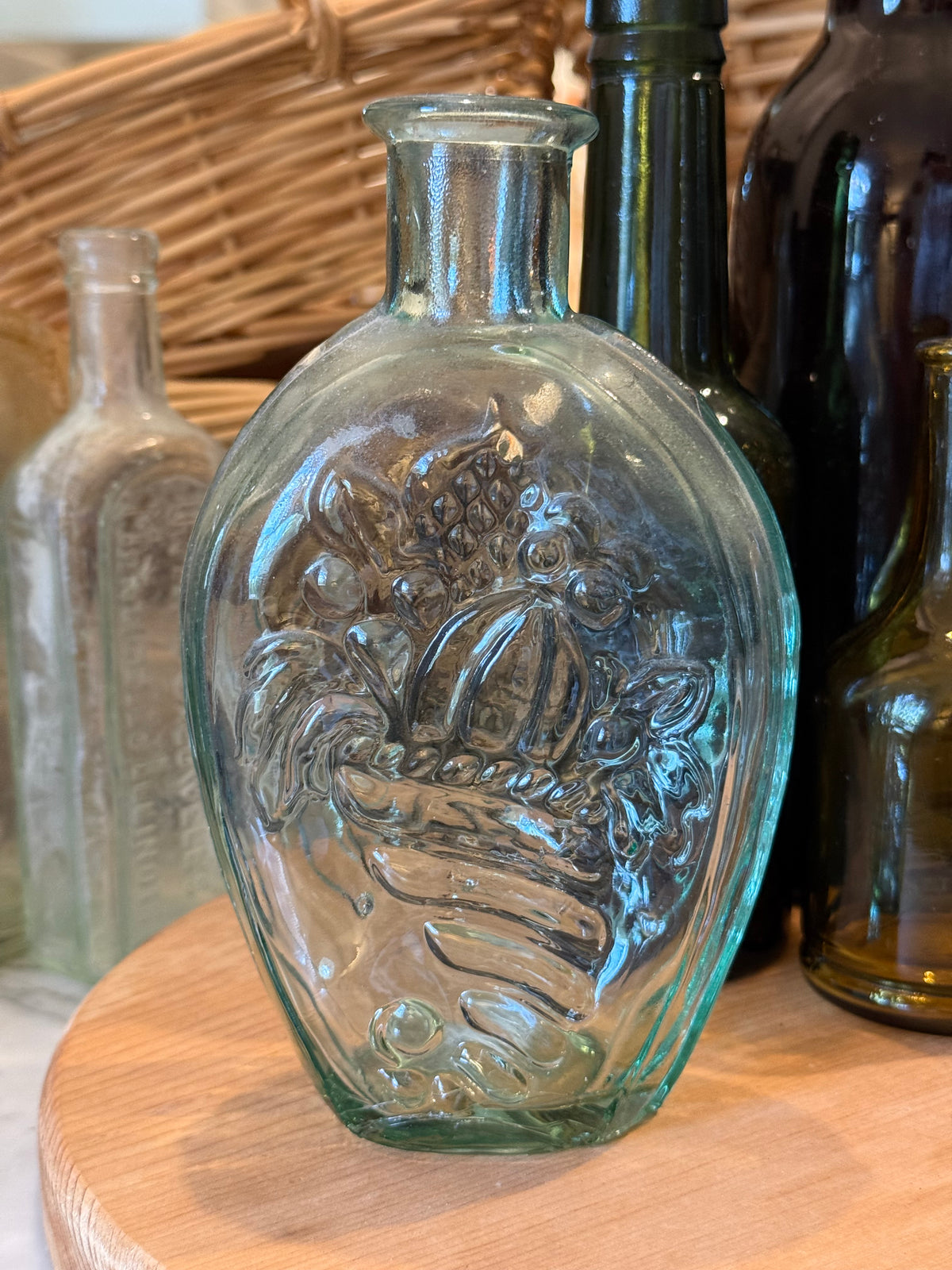 Vintage Aqua Eagle & Cornucopia Glass Flask