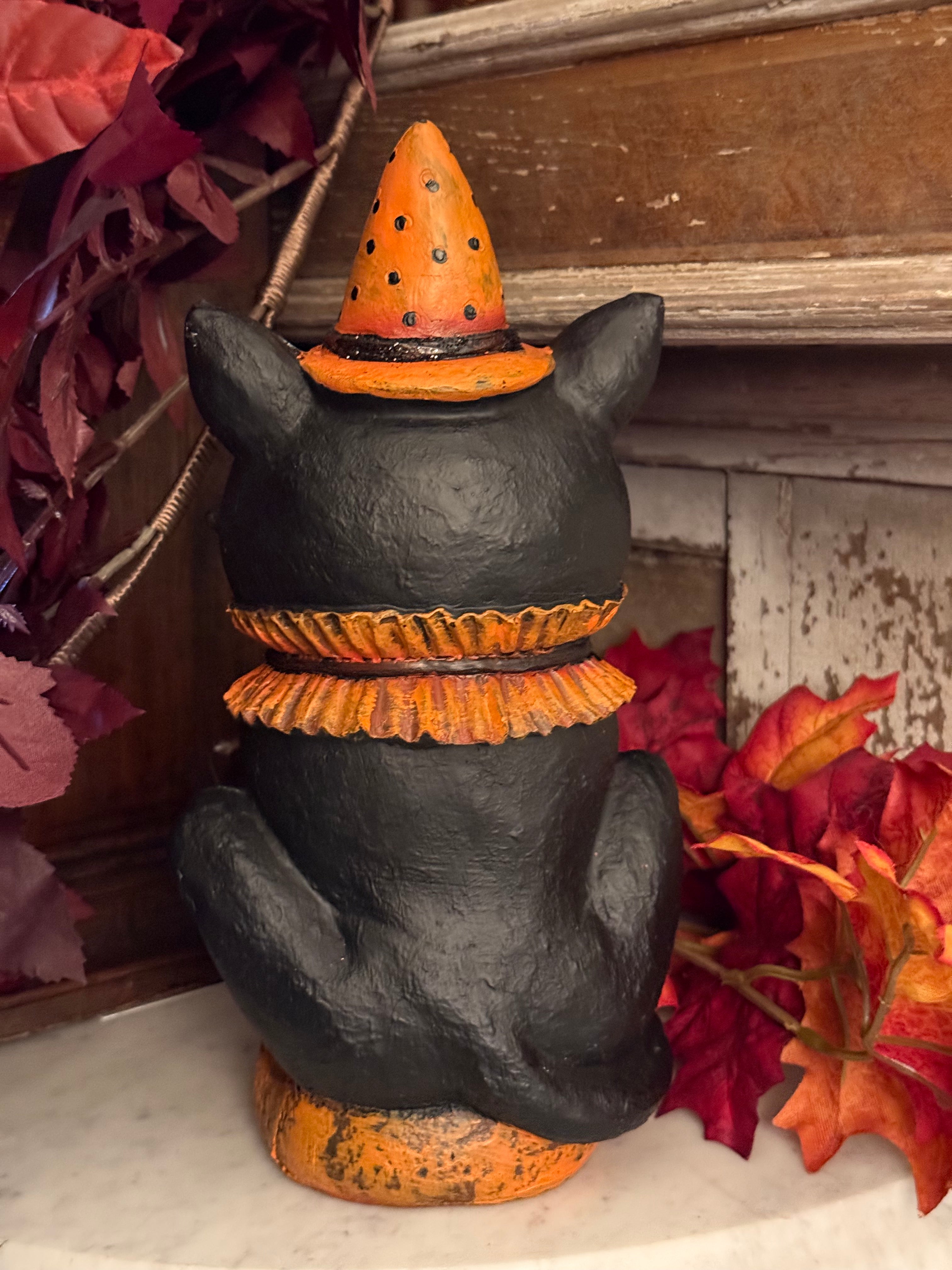 Folk Art Spooky Black Cat Statue Primitive-Style Halloween