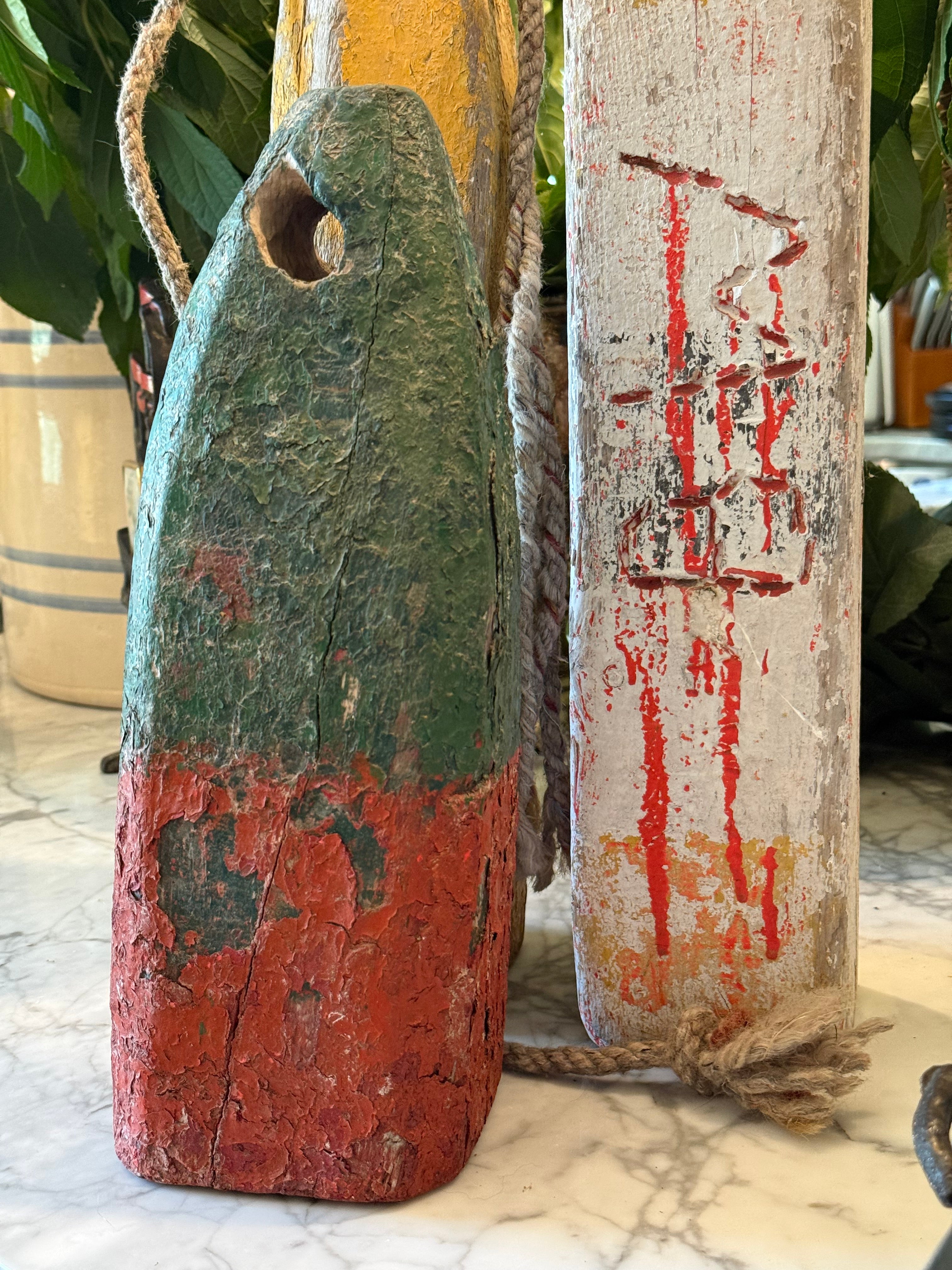 Vintage Set of 3 Wood Lobster Trap Buoy Floats - East Coast USA Nautical Decor