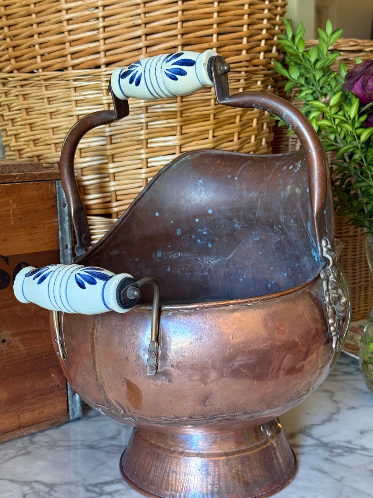 Large Vintage Copper Scuttle Bucket with Delft-Style Handles