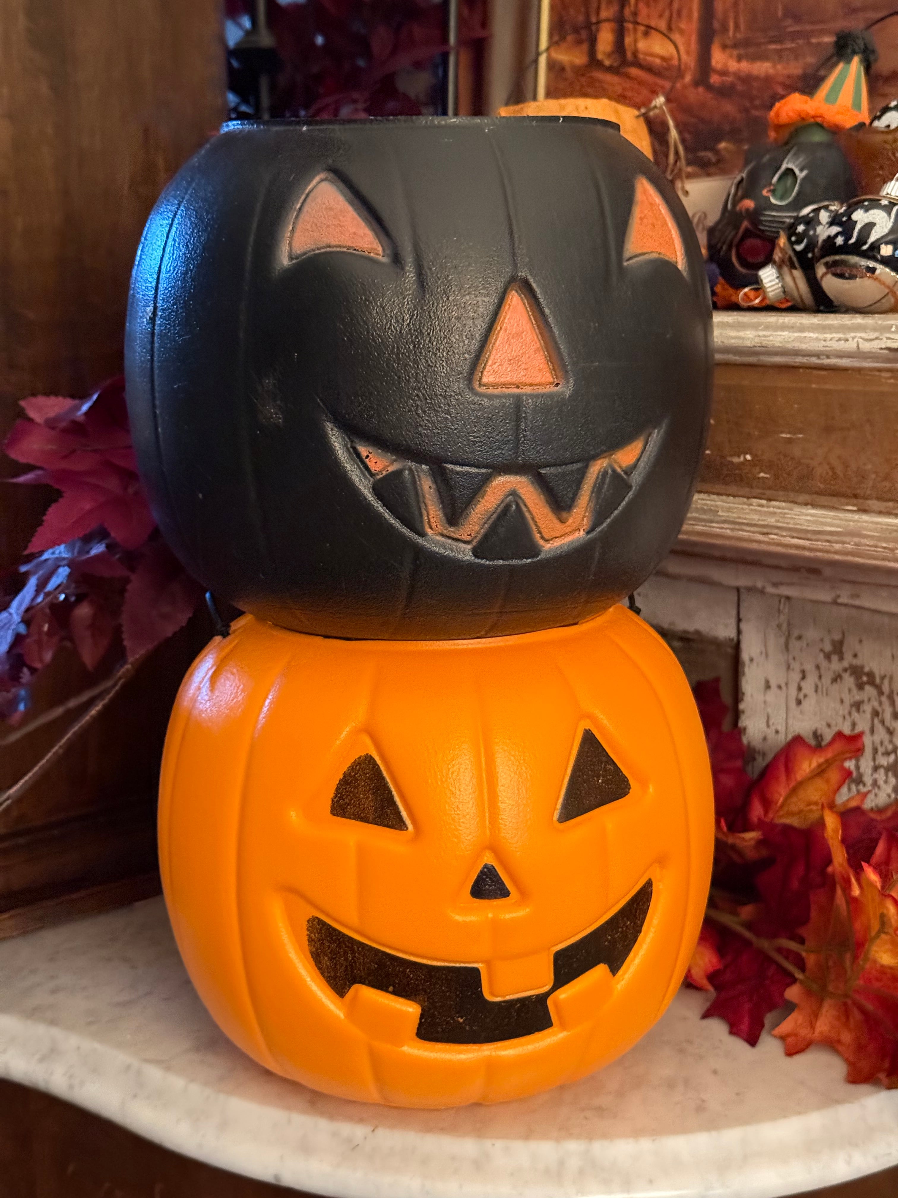 Vintage Blow Mold Trick-or-Treat Pumpkin Buckets