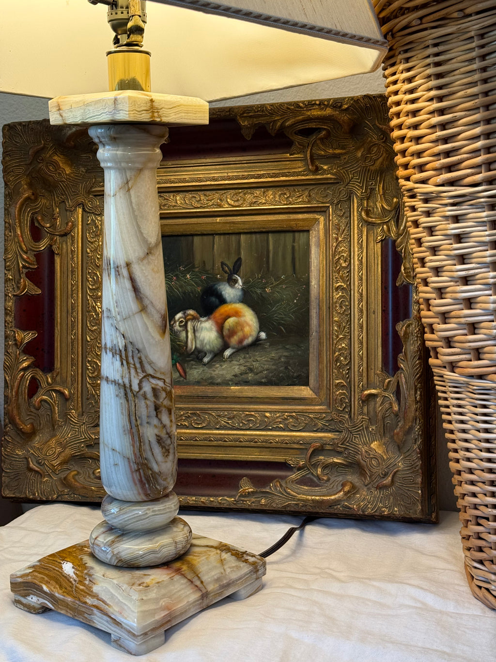 Vintage Polished Solid Onyx Column Table Lamp