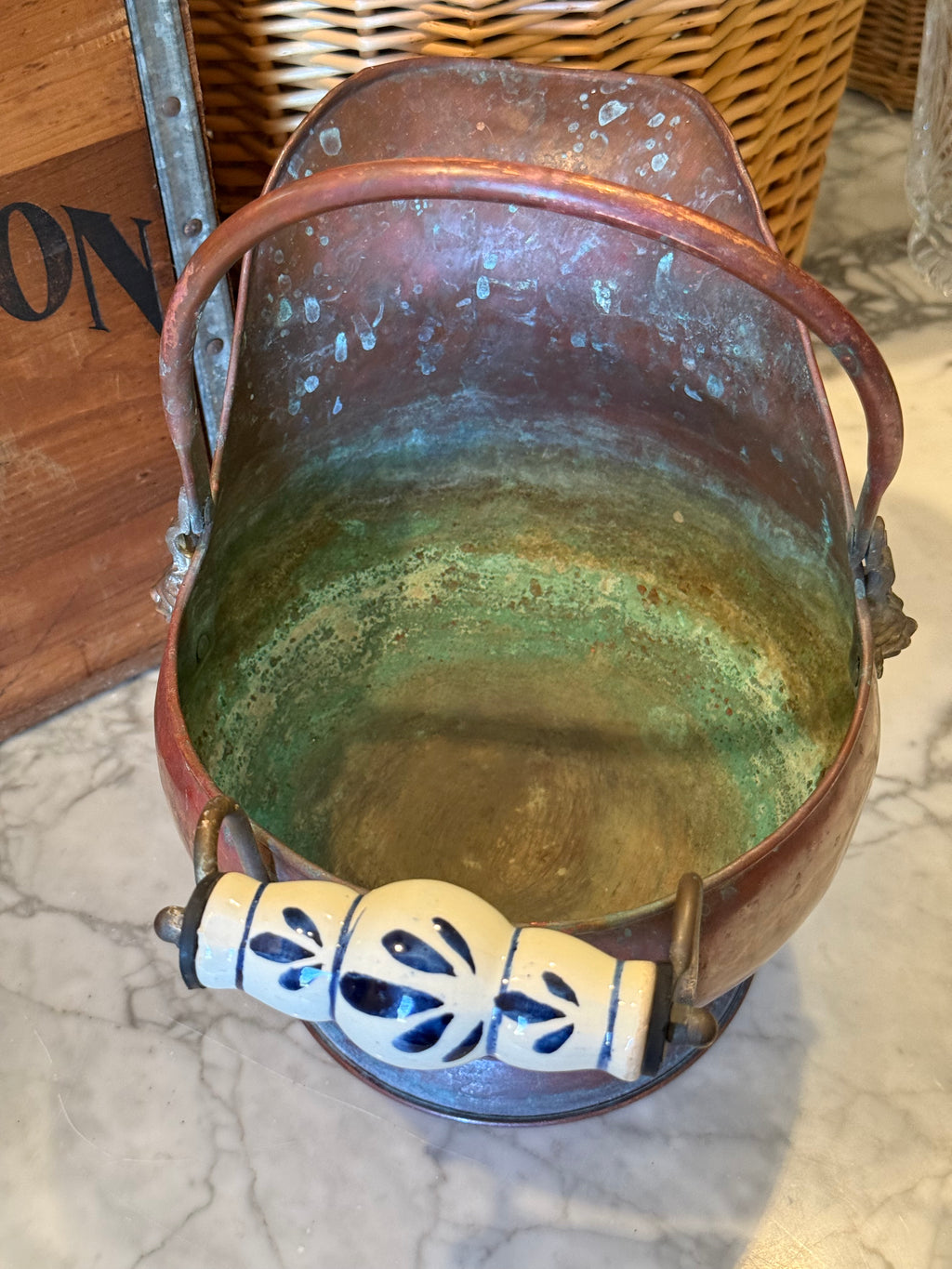 Small Vintage Copper Coal Scuttle Bucket with Delft-Style Handles