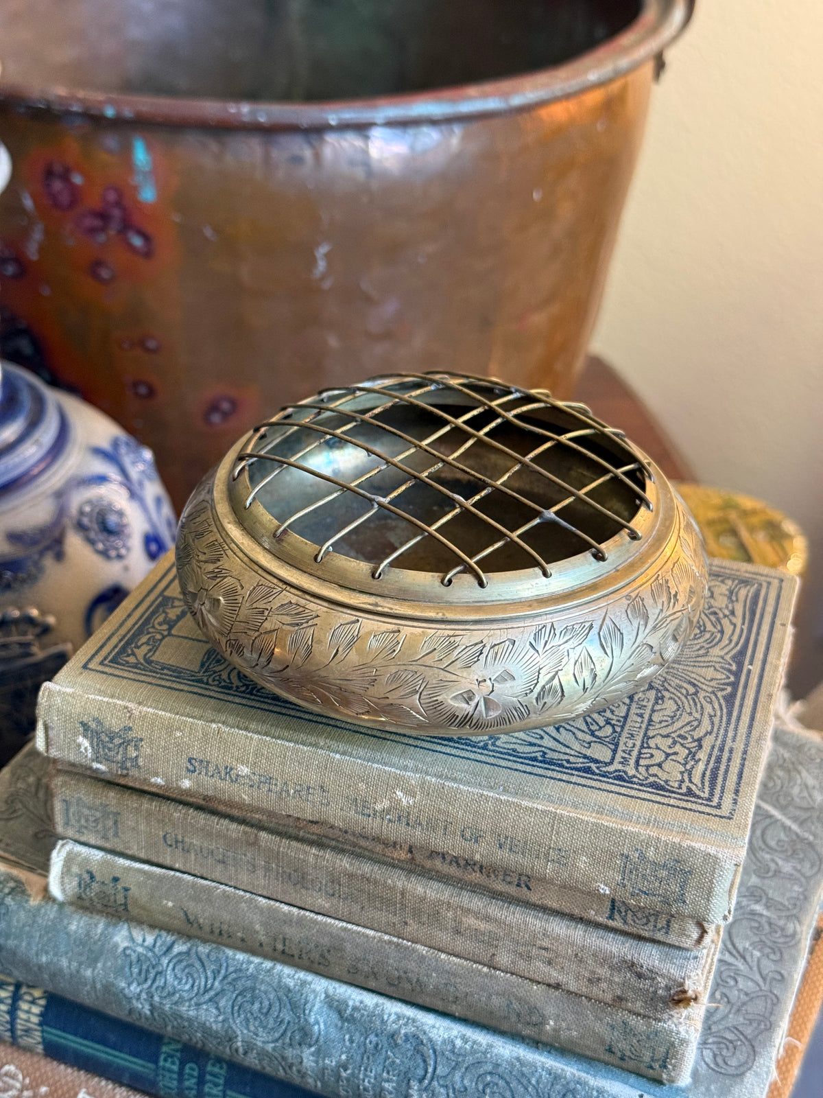 Vintage Etched Brass Floral Frog Vessel