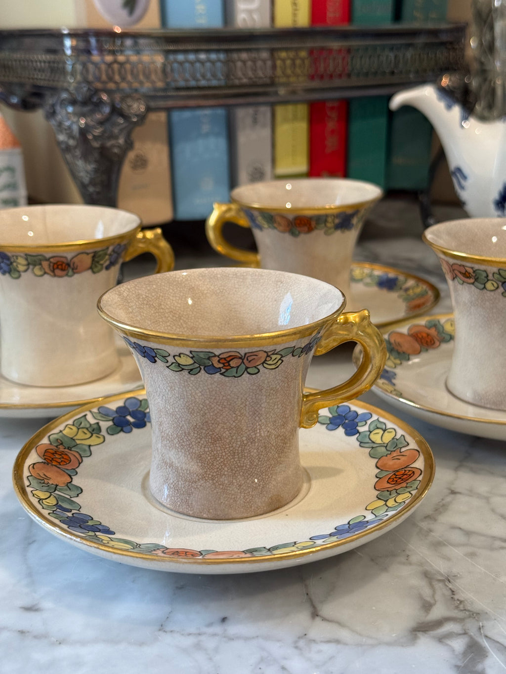 Antique Chinoiserie Ironstone Teacups & Saucers, Set of 4