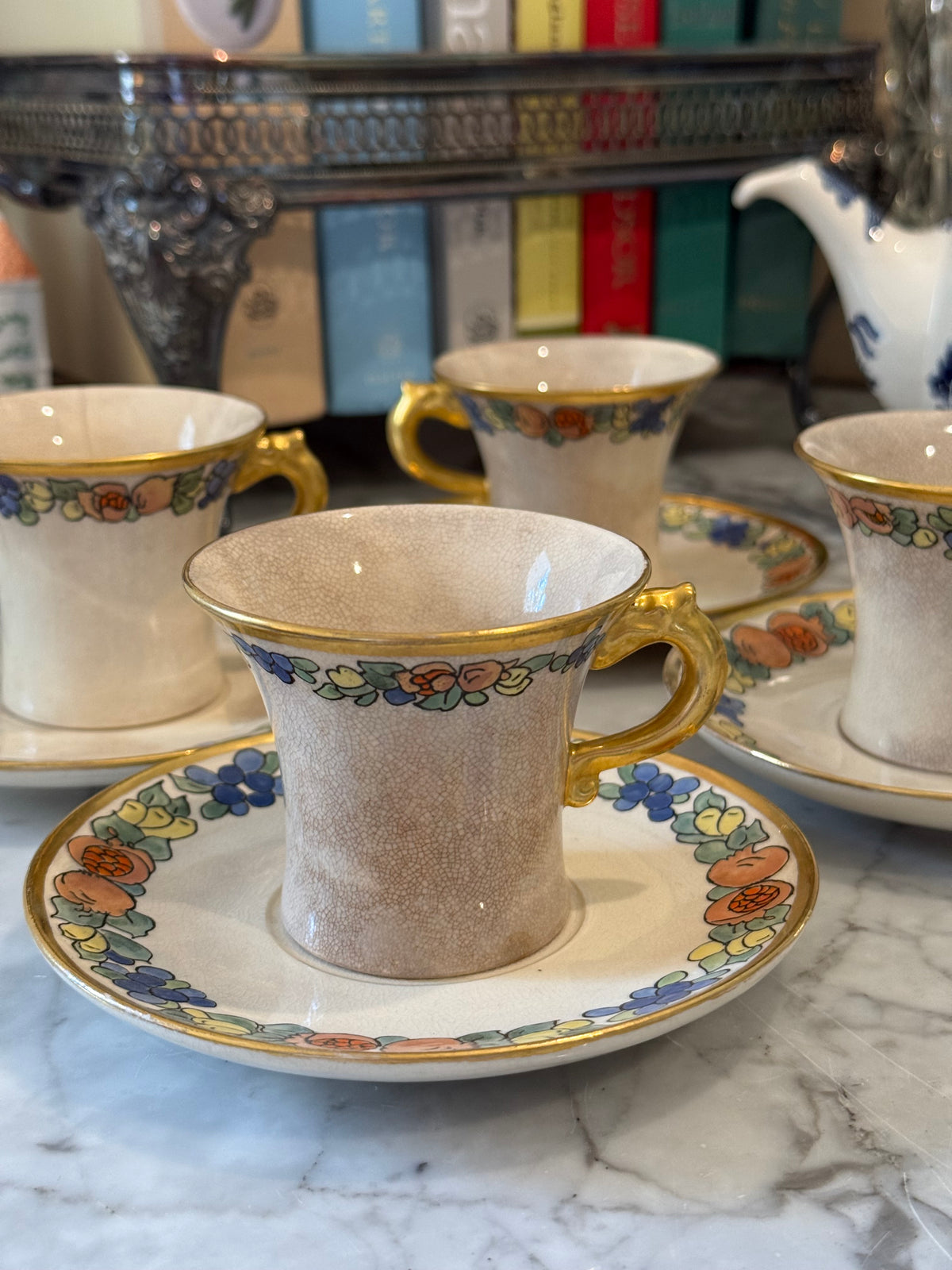 Antique Chinoiserie Ironstone Teacups & Saucers, Set of 4