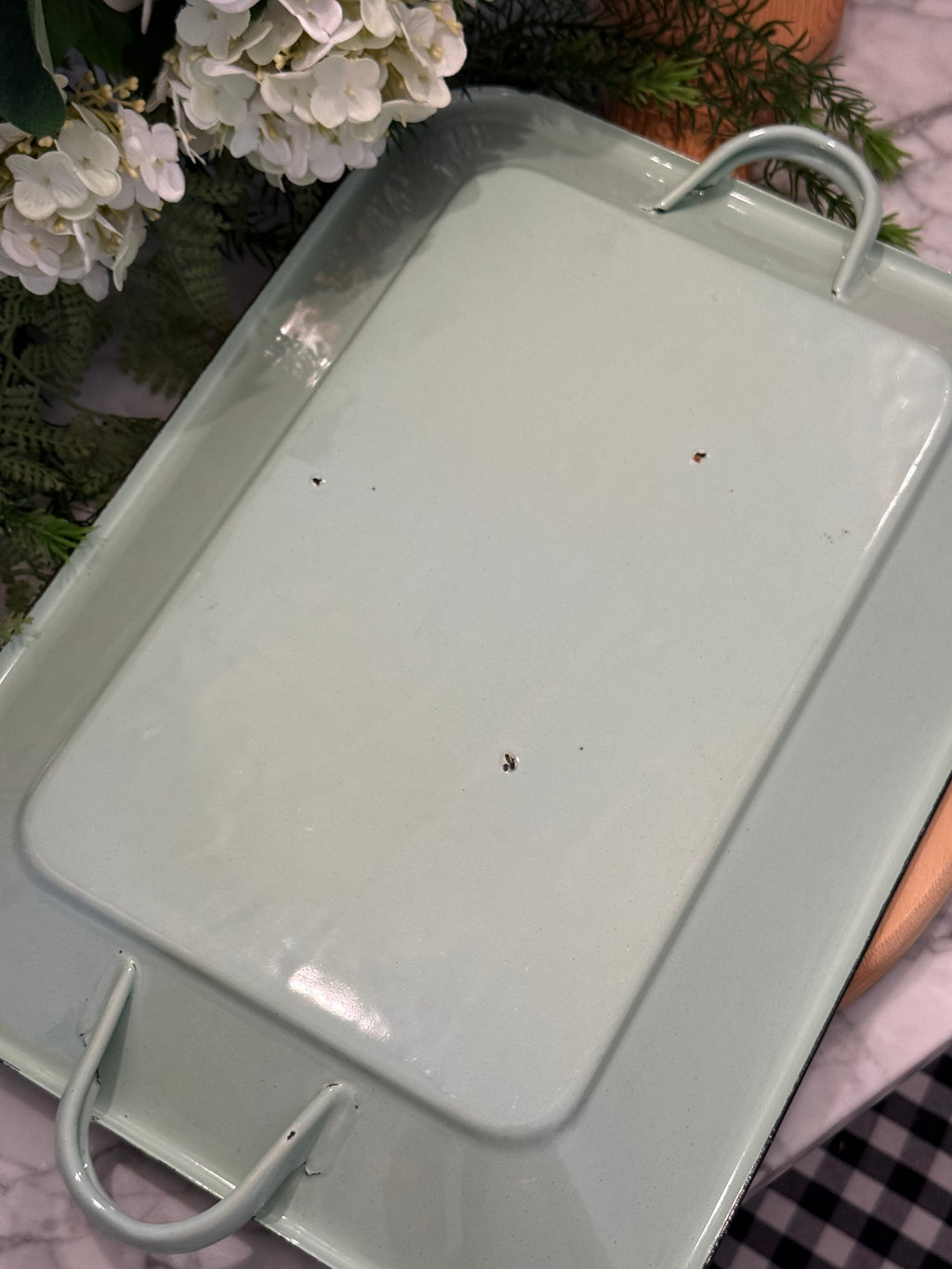 Vintage Pale Blue Teal Enamelware Serving Platter Tray