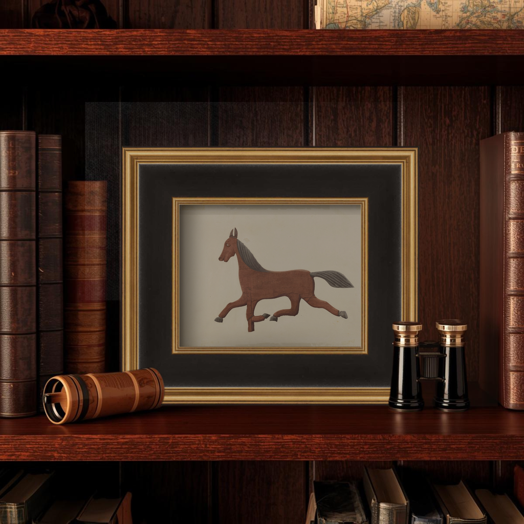 Framed illustration of a horse on a wooden shelf with books and decorative items.