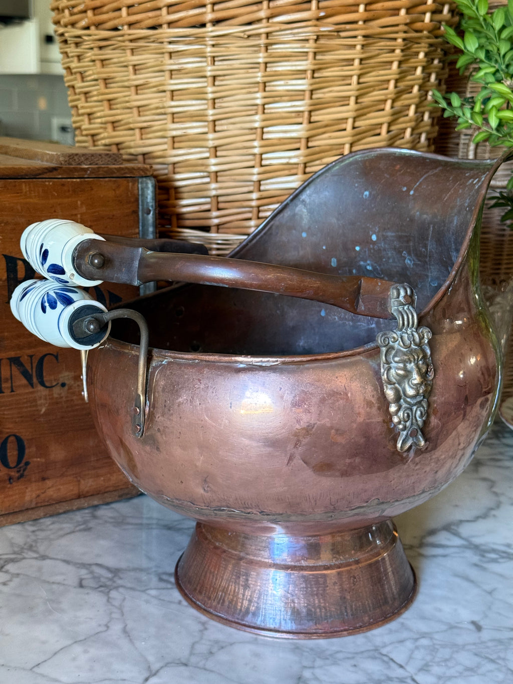 Large Vintage Copper Scuttle Bucket with Delft-Style Handles