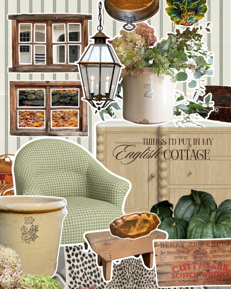 A styled collage of vintage-inspired home decor and furniture pieces, including a green gingham armchair, a cream cabinet with the text 'THINGS TO PUT IN MY English COTTAGE', a hanging lantern, floral arrangements, a ceramic planter, a small wooden table, and rustic window decals on a striped wallpaper background.