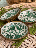 Vintage Chinese Green Dragon Famille Verte Porcelain Brass Rim Dish