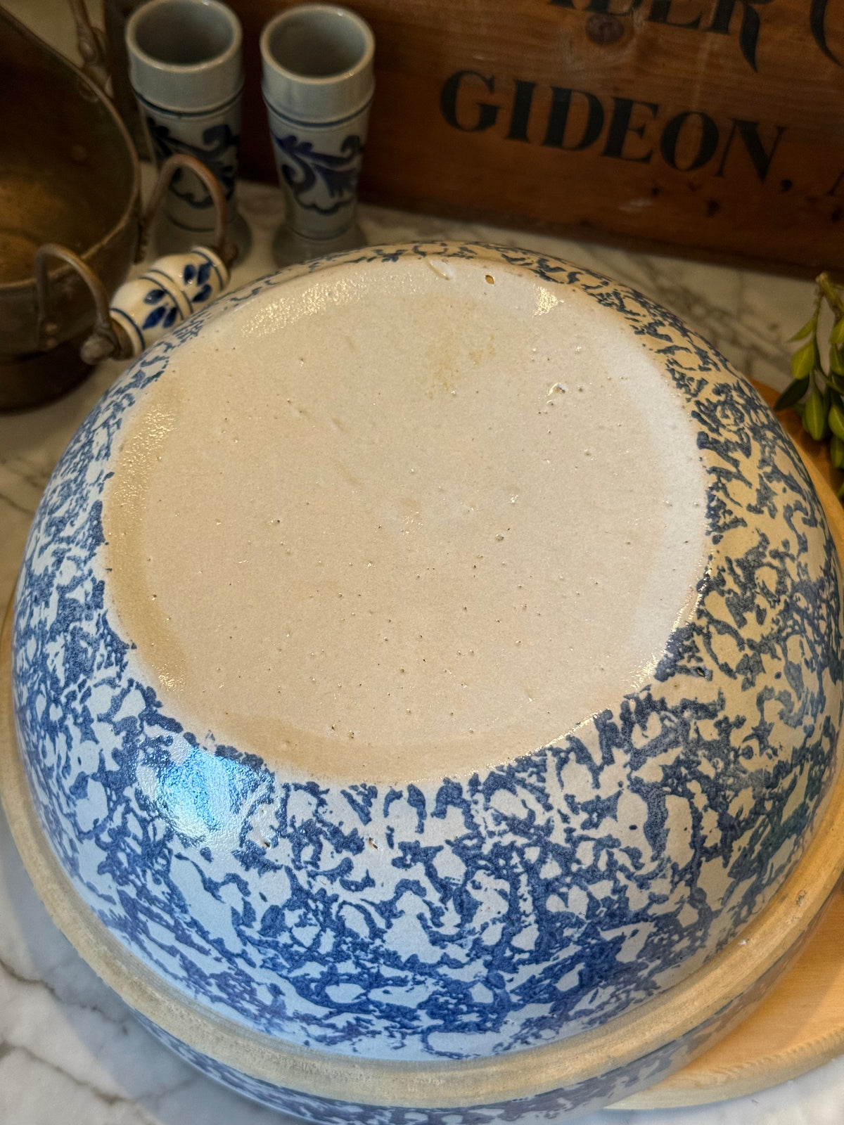 Antique Blue Spongeware Crock Shoulder Bowl - 10.75"