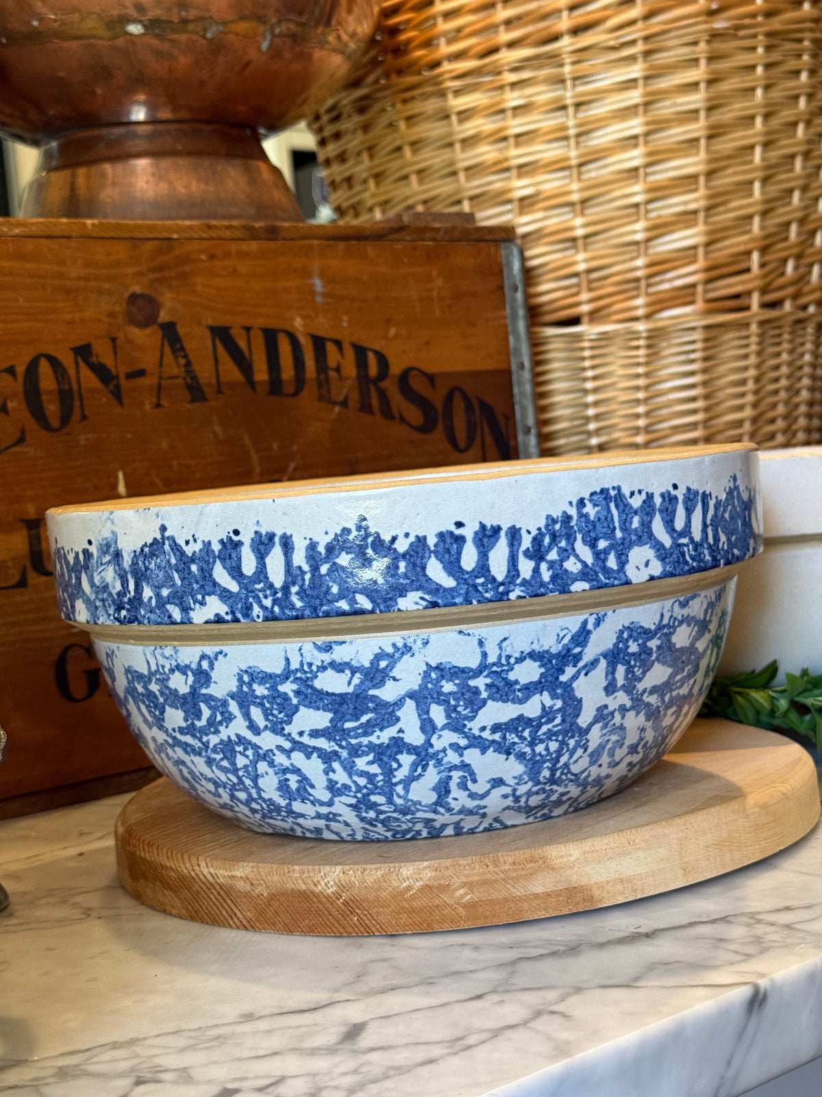 Antique Blue Spongeware Crock Shoulder Bowl - 10.75"
