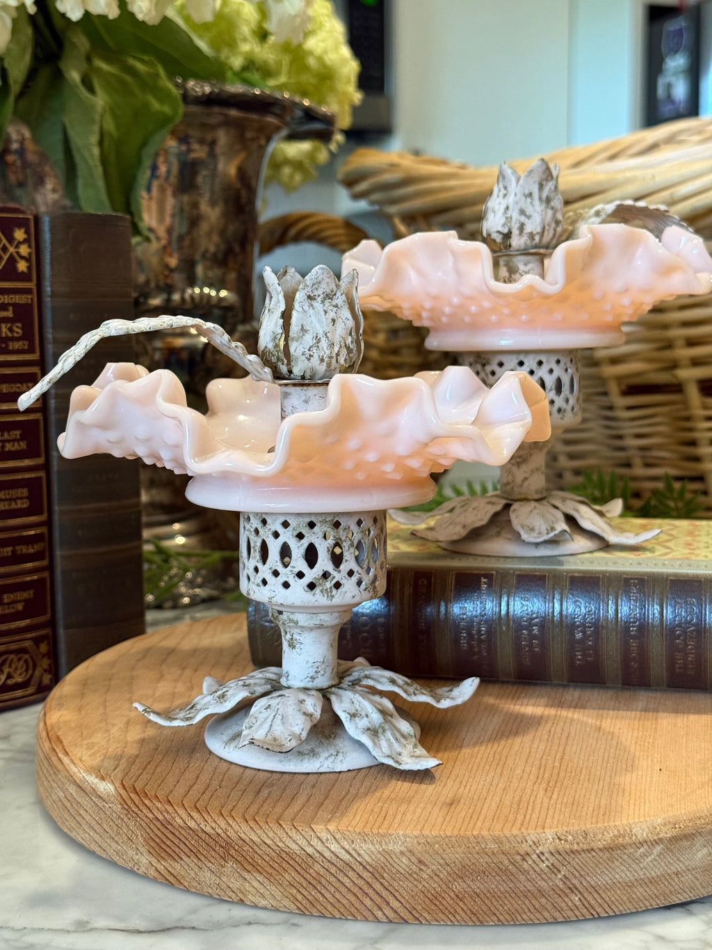 Fenton Pink Hobnail Milk Glass Victorian Candlestick Holder