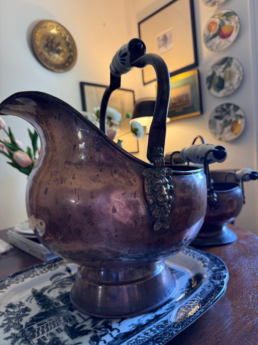 Large Vintage Copper Scuttle Bucket with Delft-Style Handles