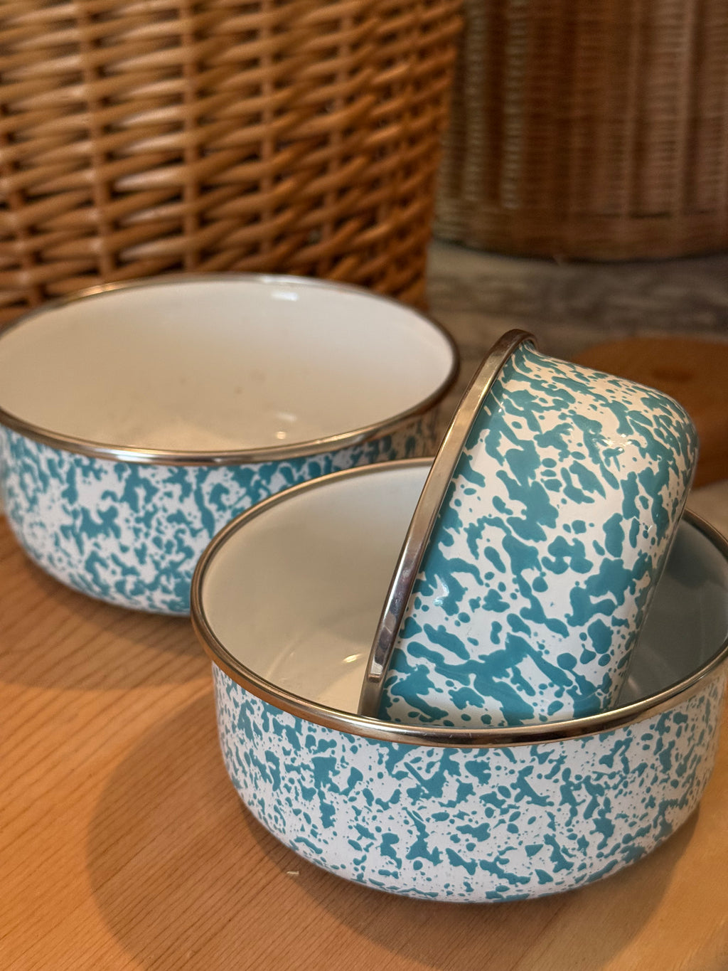 Set of 3 Sea Glass Teal Enamelware Nesting Bowls Vintage Coastal Decor