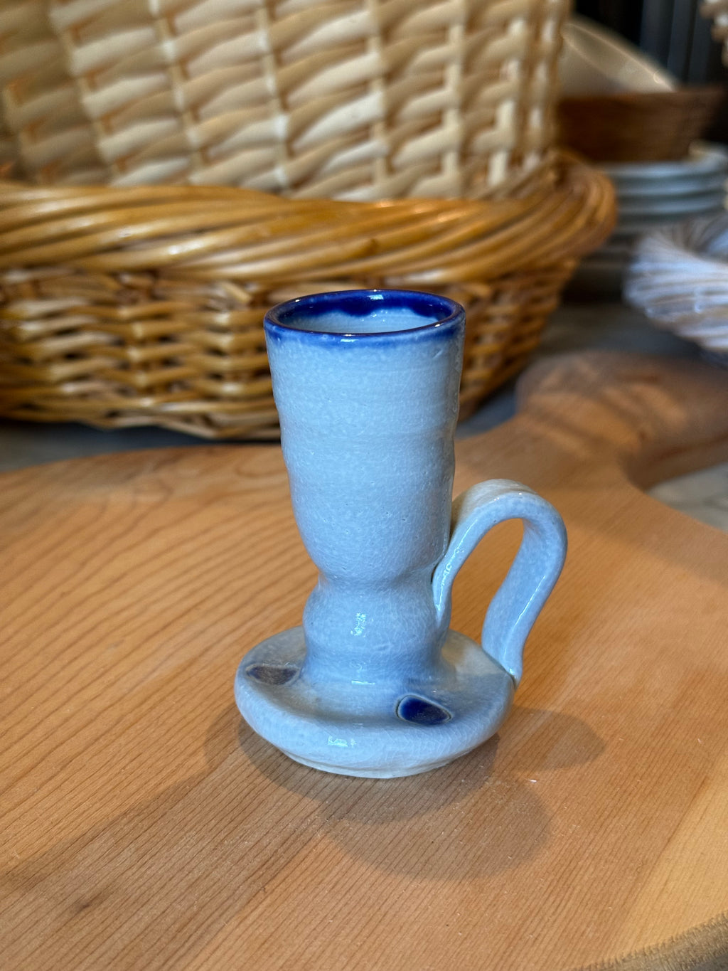 Vintage Williamsburg Pottery Salt Glazed Stoneware Candlestick Holder (Cobalt Blue)
