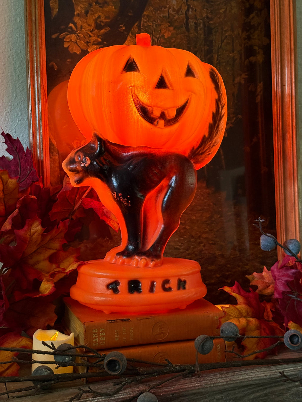 Vintage Halloween "Trick-or-Treat" Blow Mold Orange Pumpkin & Black Cat