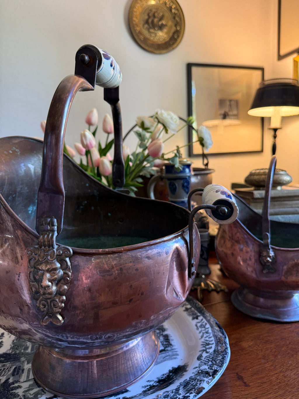 Large Vintage Copper Scuttle Bucket with Delft-Style Handles