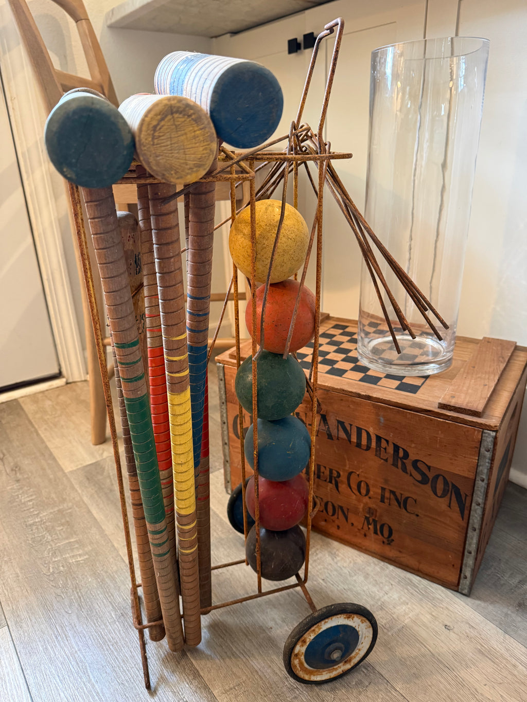 Vintage Wooden Croquet Set with Rolling Wire Cart