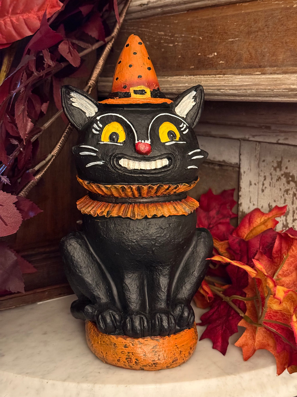 Folk Art Spooky Black Cat Statue Primitive-Style Halloween