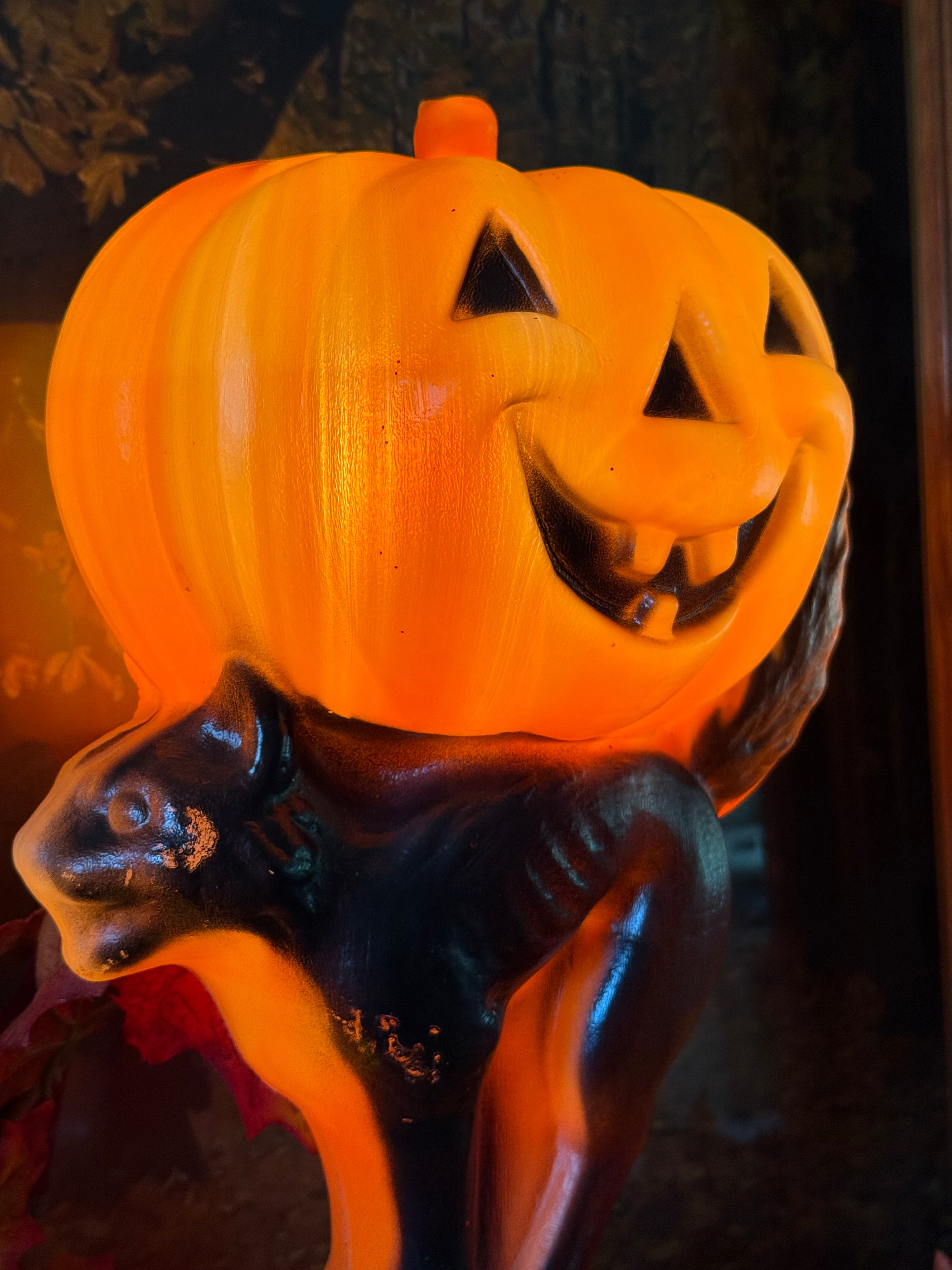 Vintage Halloween "Trick-or-Treat" Blow Mold Orange Pumpkin & Black Cat